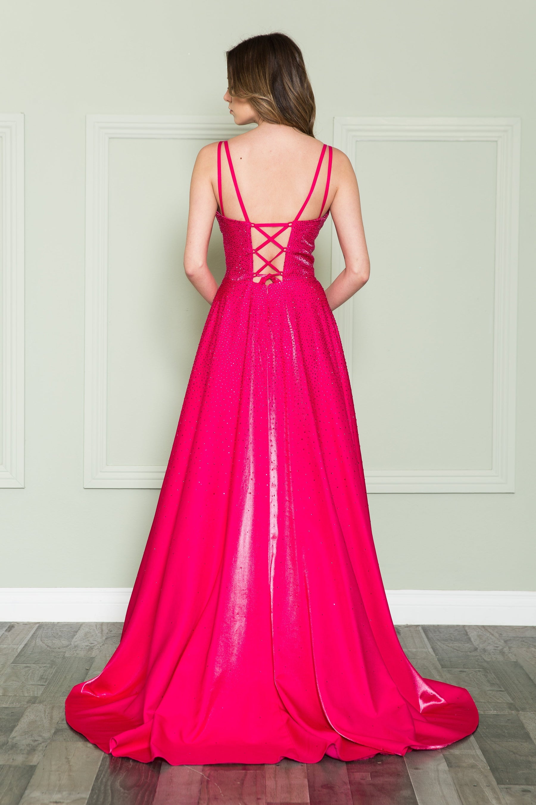Hot Pink V-Neck Floor-Length Shimmer Prom Dress with Side Slit Poly USA 8922