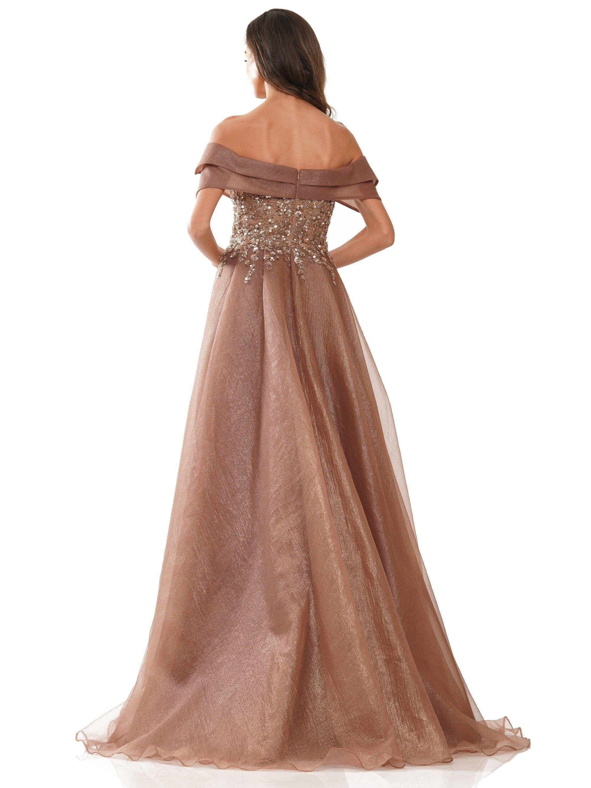 Rina di Montella 2816 Long Formal Off Shoulder Gown in Coffee