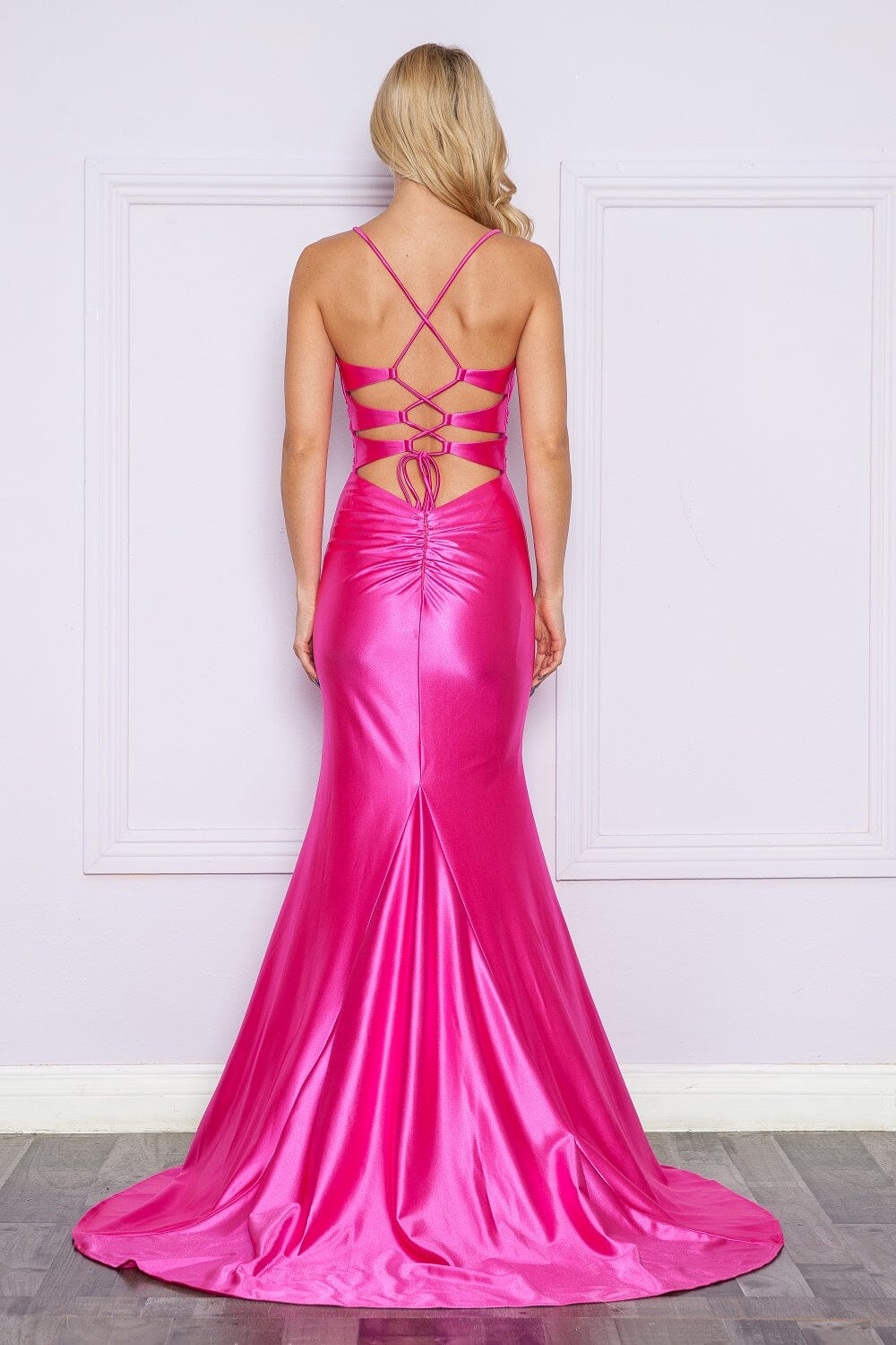 Hot Pink V-Neck Floor-Length Satin Prom Gown with Side Slit and Criss-Cross Back Poly USA 9256