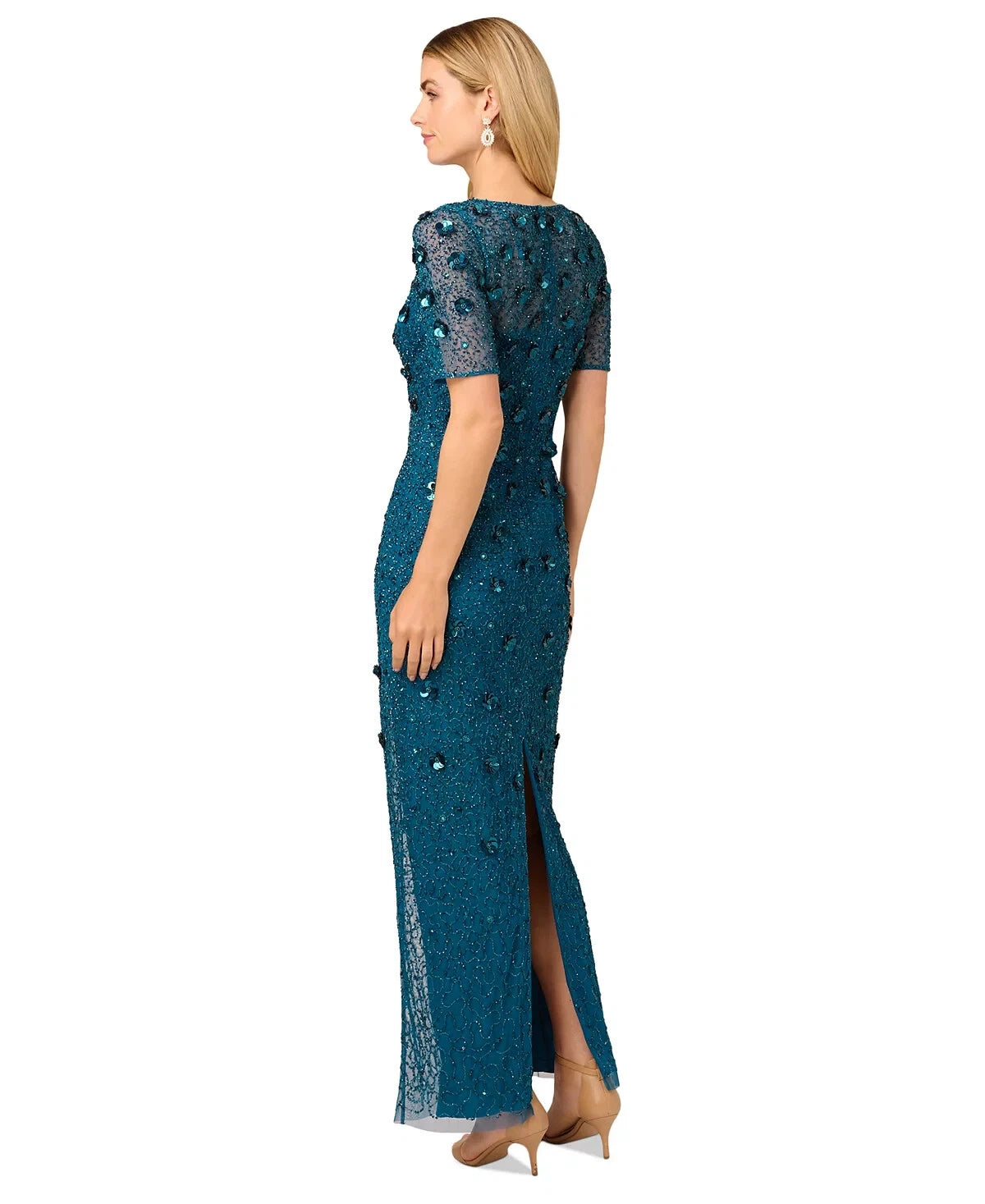 Adrianna Papell AP1E209314 Crew Neck Long Mesh Beaded Applique Formal Dress
