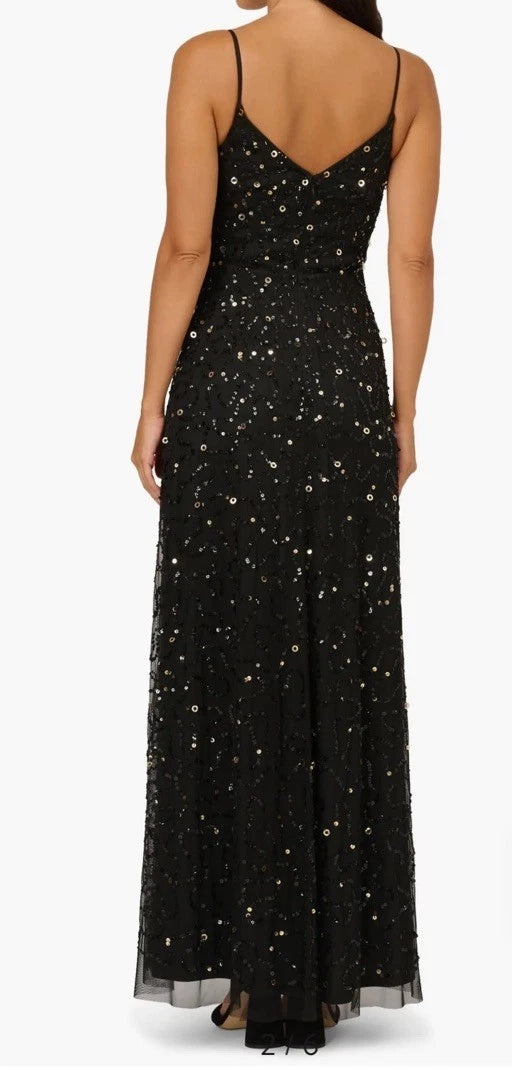 Black Gold Adrianna Papell AP1E212407 Spaghetti Strap Long Mesh Prom Dress Floral