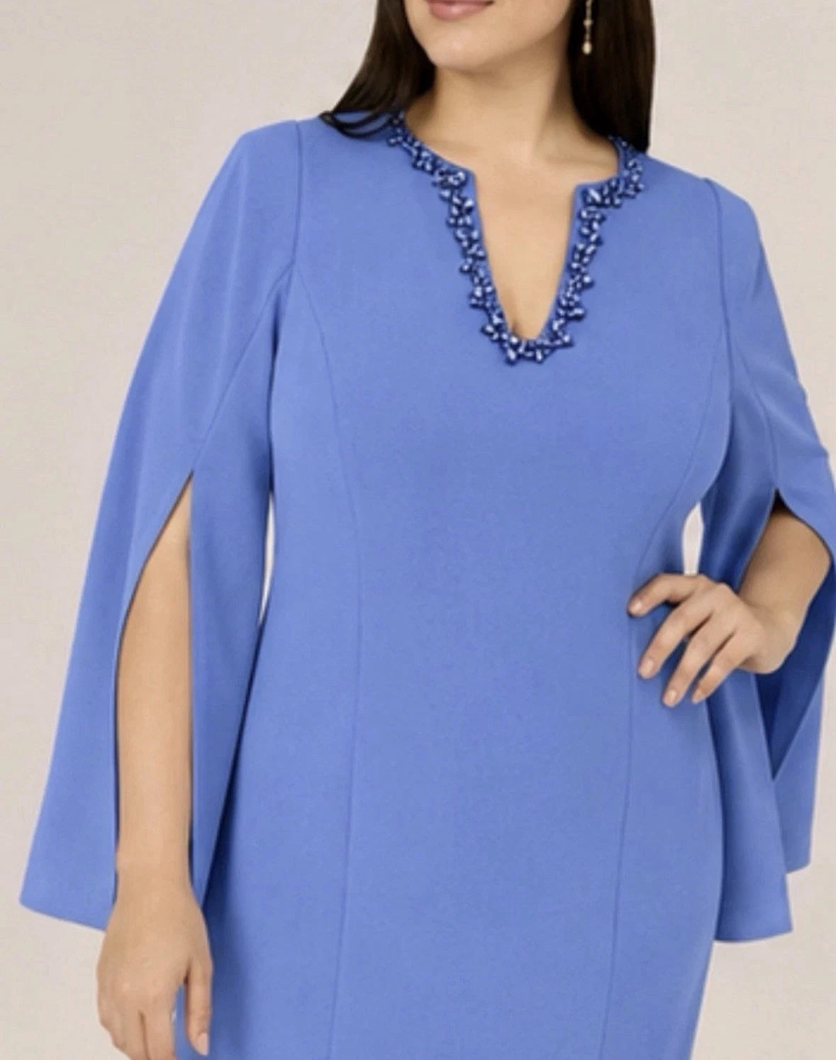 Precious Periwinkle Adrianna Papell AP1D105577 V-Neck Knee-Length Crepe Cocktail Dress Split Cape