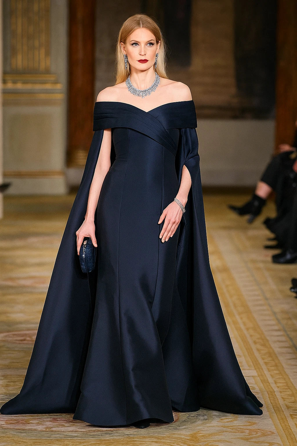Navy Off-the-Shoulder Floor-Length Mikado Formal Ball Gown with Cape Detail Badgley Mischka EG4608A