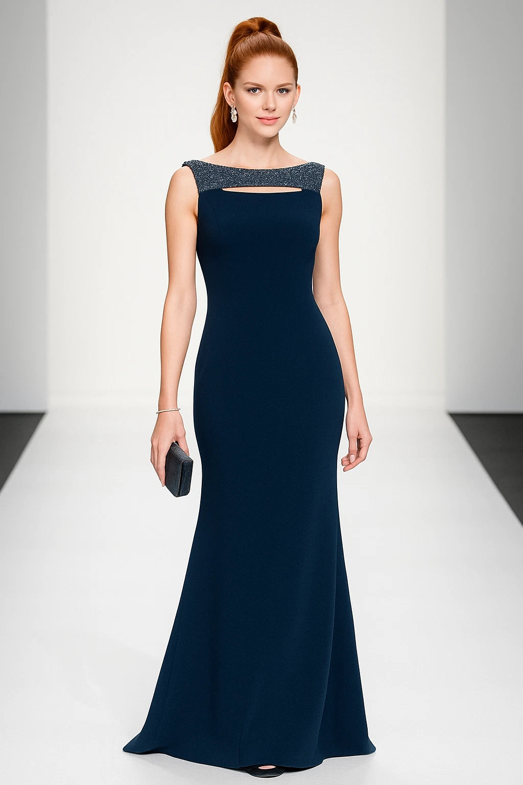 Navy Bateau Neck Floor-Length Crepe Formal A-Line Gown Beaded Neckline Badgley Mischka EG4620