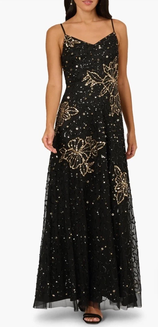 Black Gold Adrianna Papell AP1E212407 Spaghetti Strap Long Mesh Prom Dress Floral