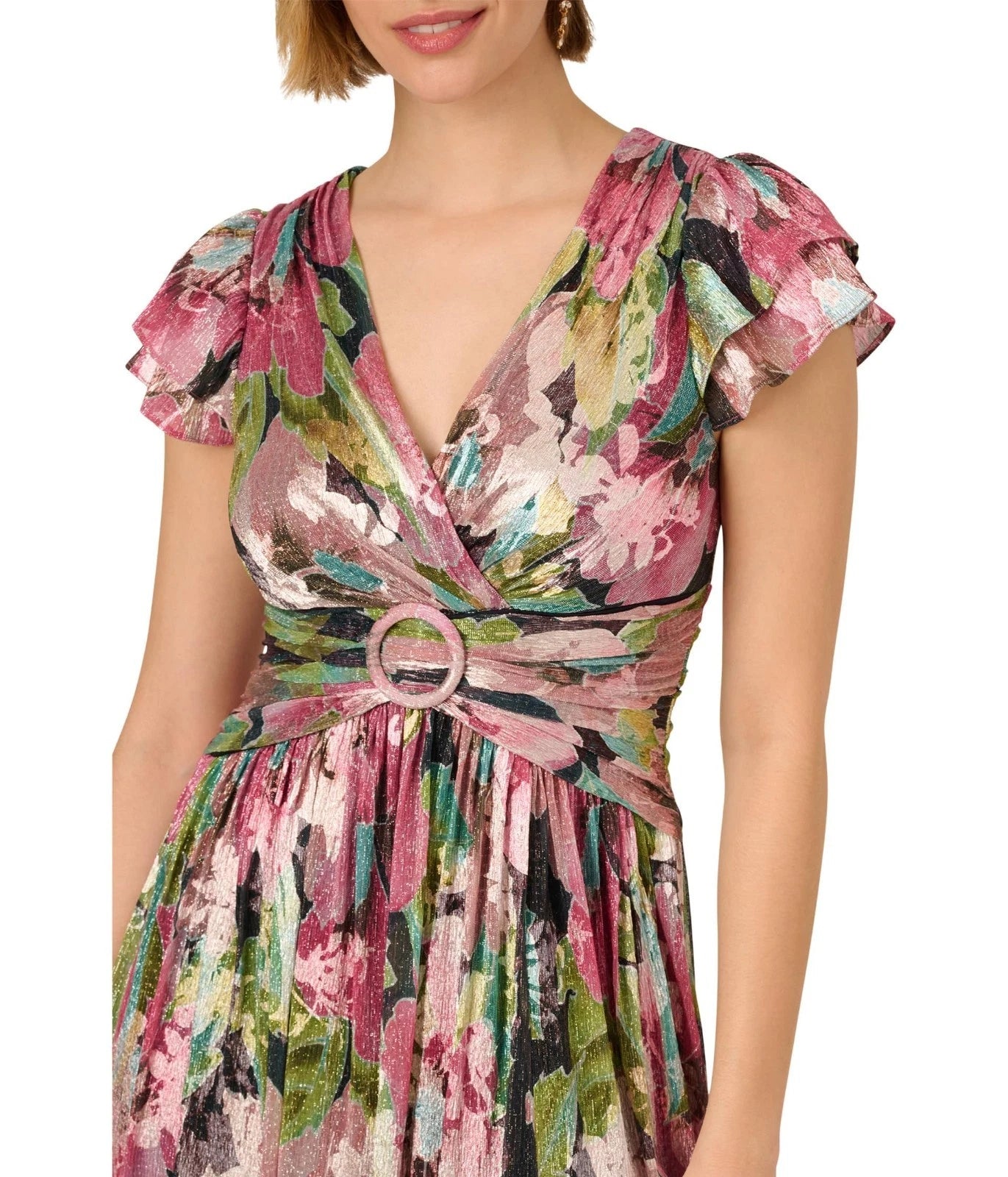 Navy Pink Multi Adrianna Papell AP1E212084 V-Neck Short Metallic Floral Cocktail Flutter Sleeves