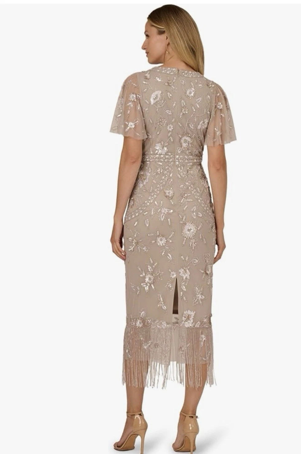 Flutter Sleeve Beaded Fringe Midi Dress