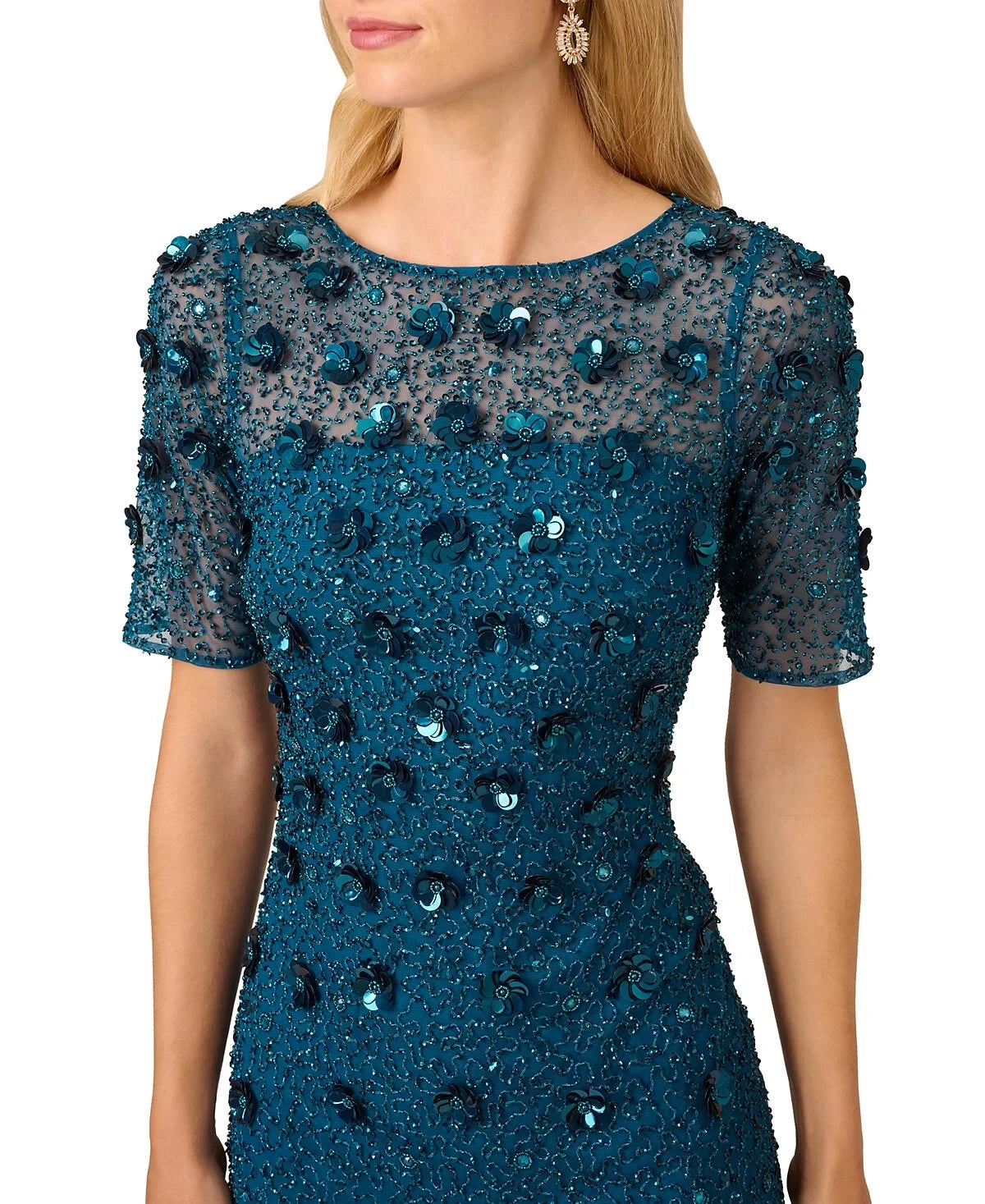 Adrianna Papell AP1E209314 Crew Neck Long Mesh Beaded Applique Formal Dress