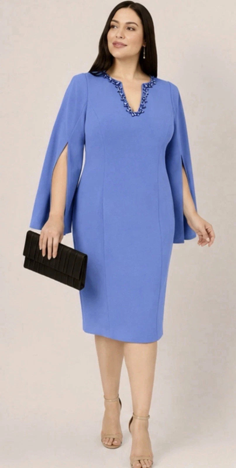 Precious Periwinkle Adrianna Papell AP1D105577 V-Neck Knee-Length Crepe Cocktail Dress Split Cape