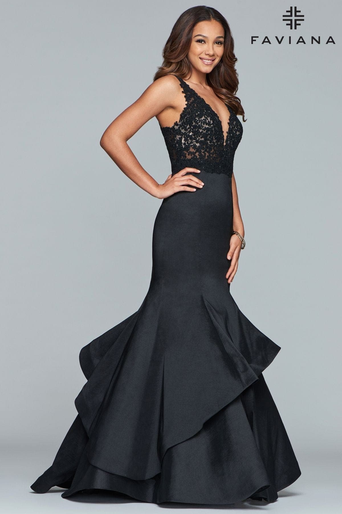Black Faviana S10242 Long Beaded Layered Prom Formal Dress