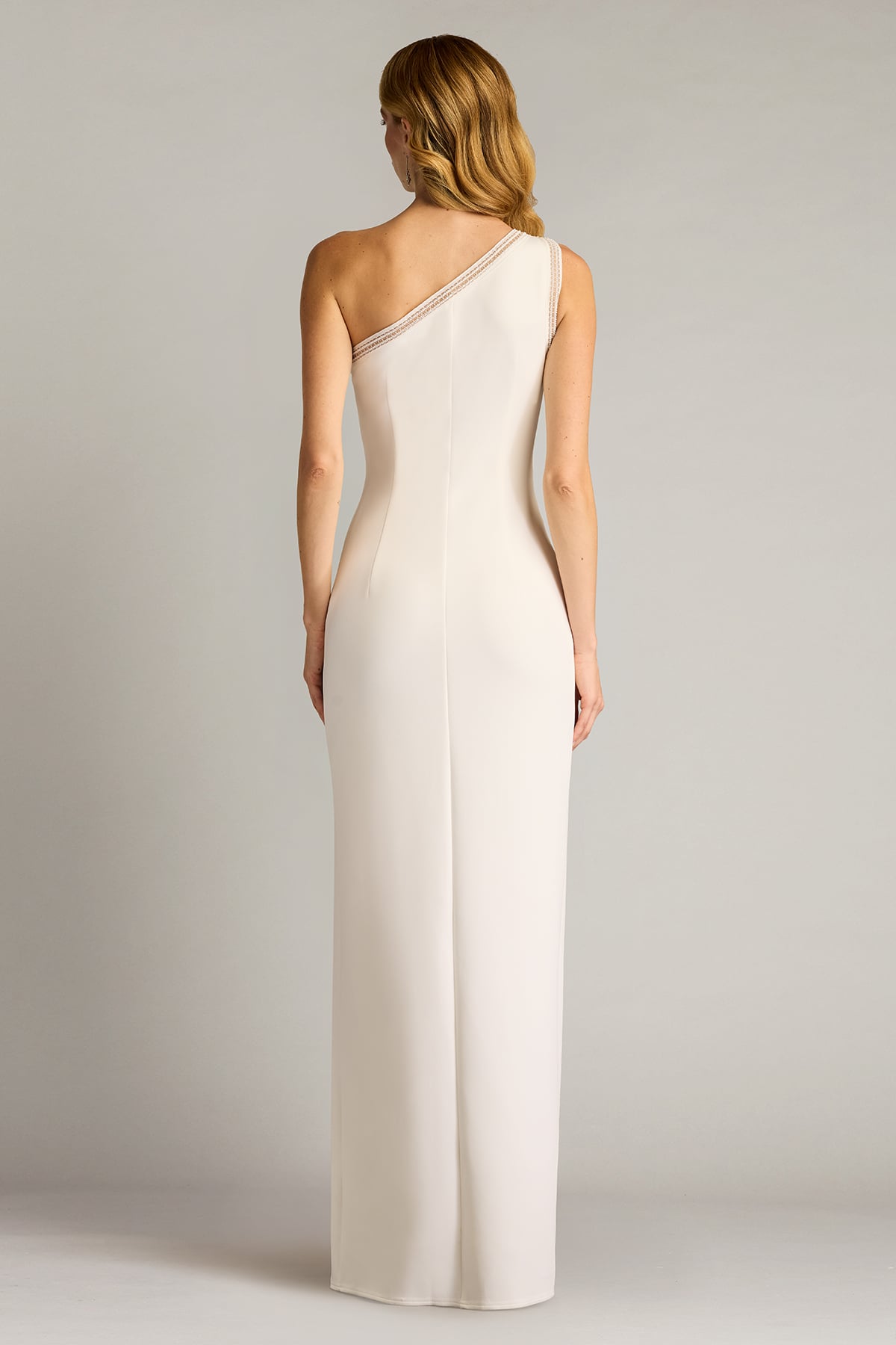 White One-Shoulder Floor-Length Scuba Prom Gown with Side Slit Tadashi Shoji SAGD25036L
