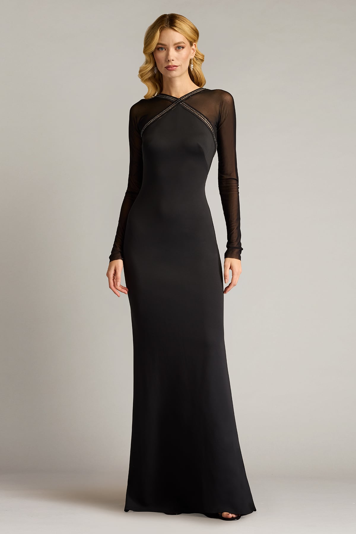Black Illusion High-Neck Floor-Length Scuba Mother of the Bride Dress with Long Mesh Sleeves Tadashi Shoji SAGD25037L