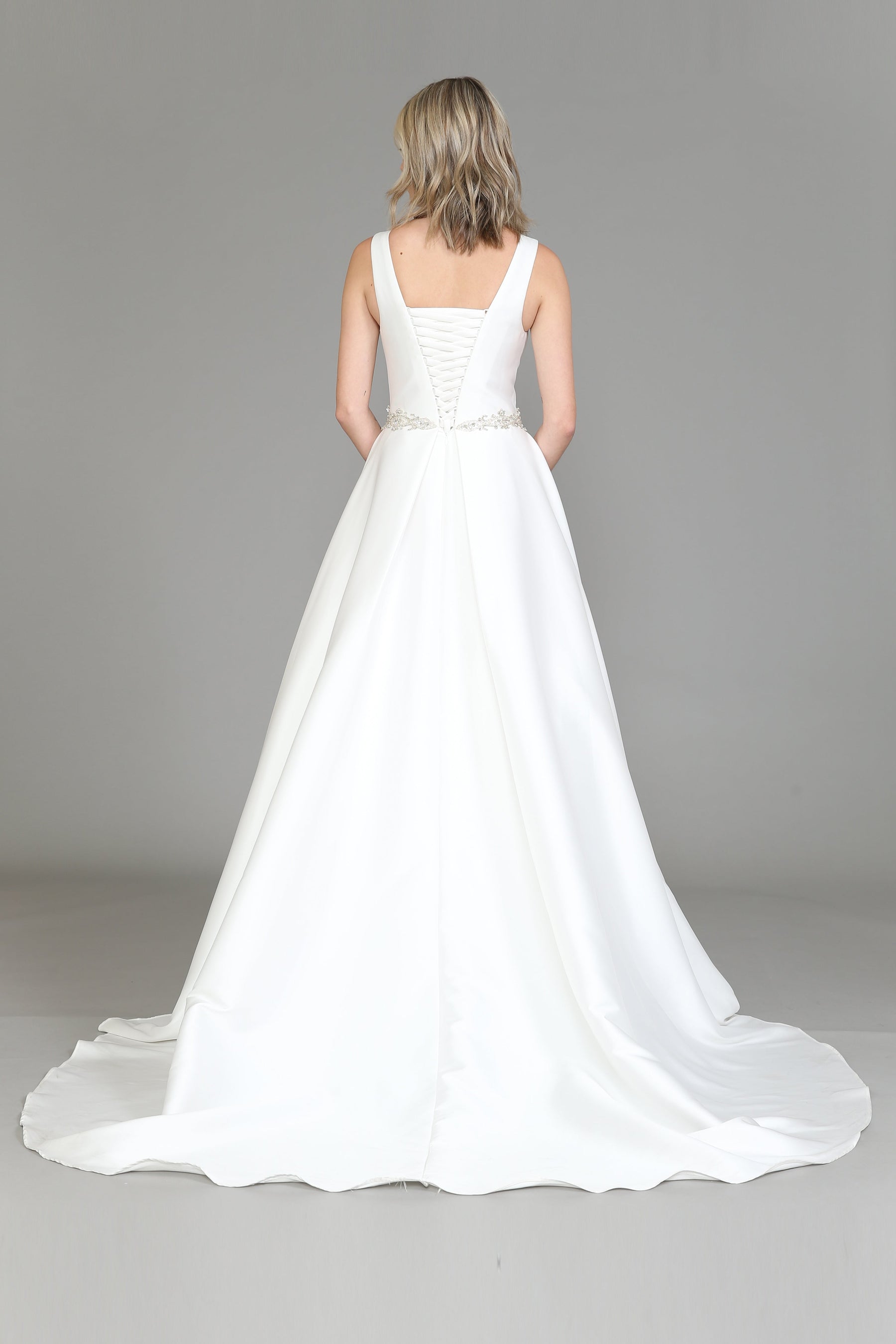 Off White Scoop Neck Floor Length Satin Wedding Gown with Lace Up Back A-line Dress Poly USA 8518