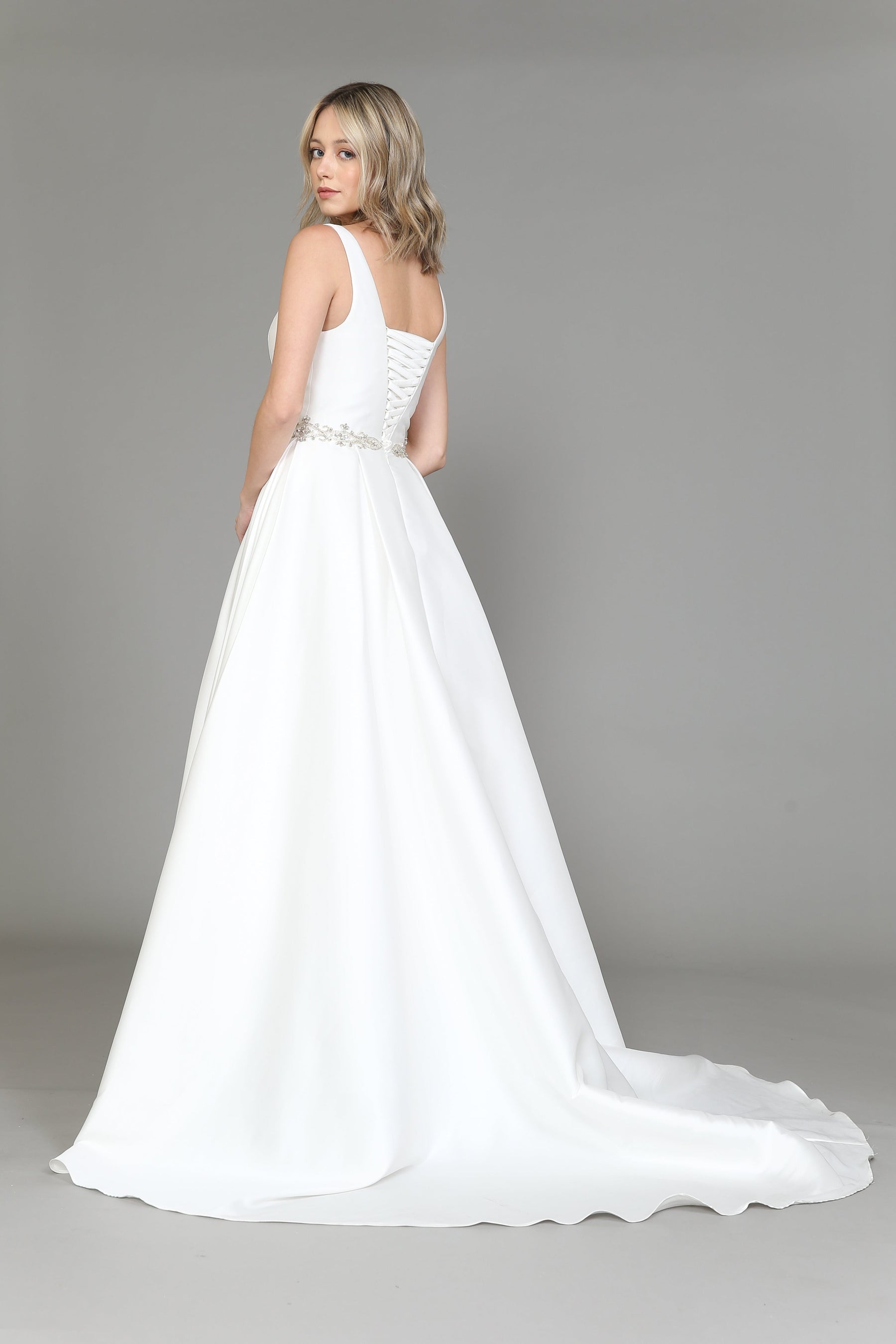 Off White V Neck Floor Length Satin Wedding Gown with Sweep Train Lace Up Back Dress Poly USA 8498