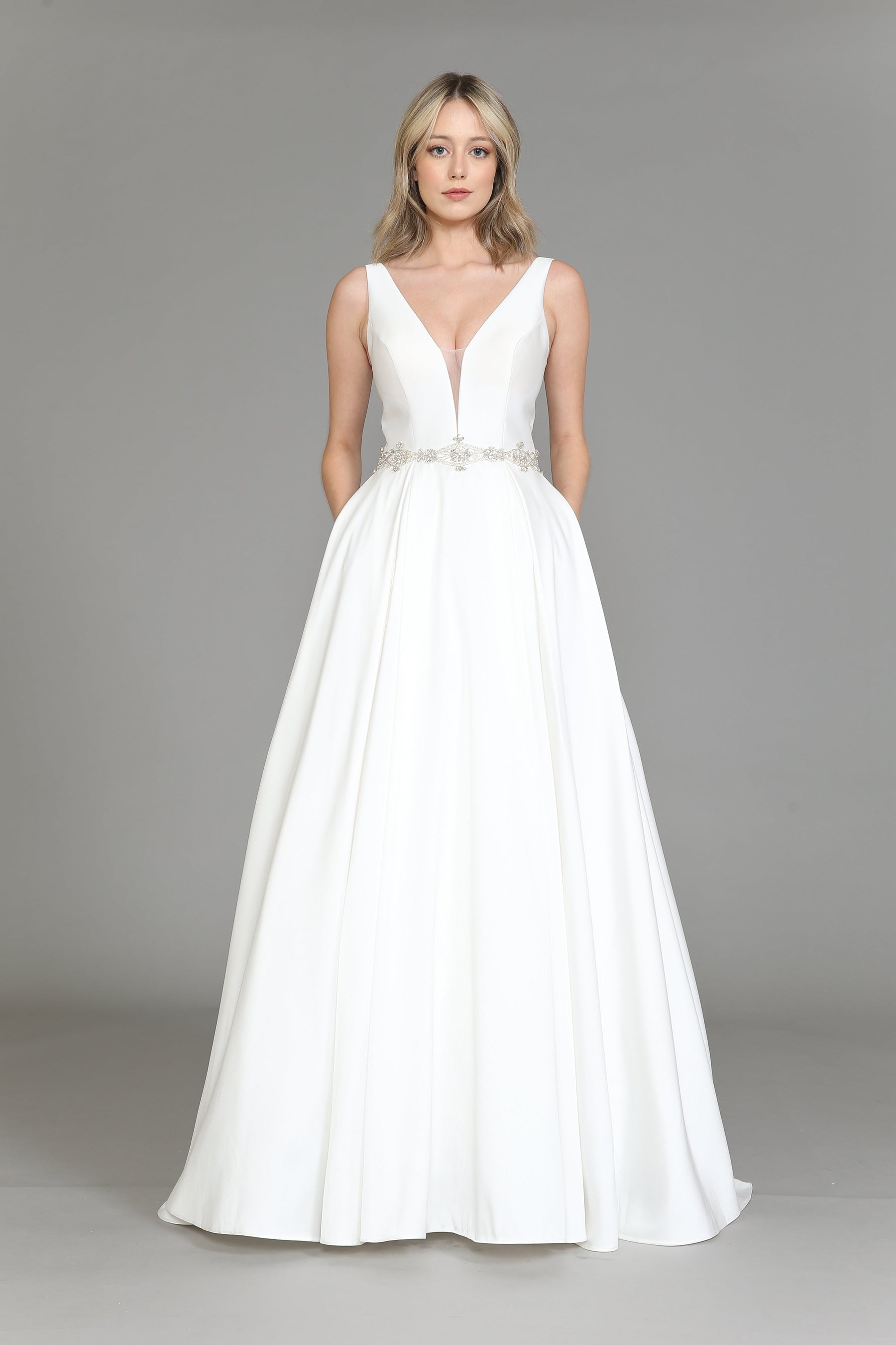 Off White V Neck Floor Length Satin Wedding Gown with Sweep Train Lace Up Back Dress Poly USA 8498