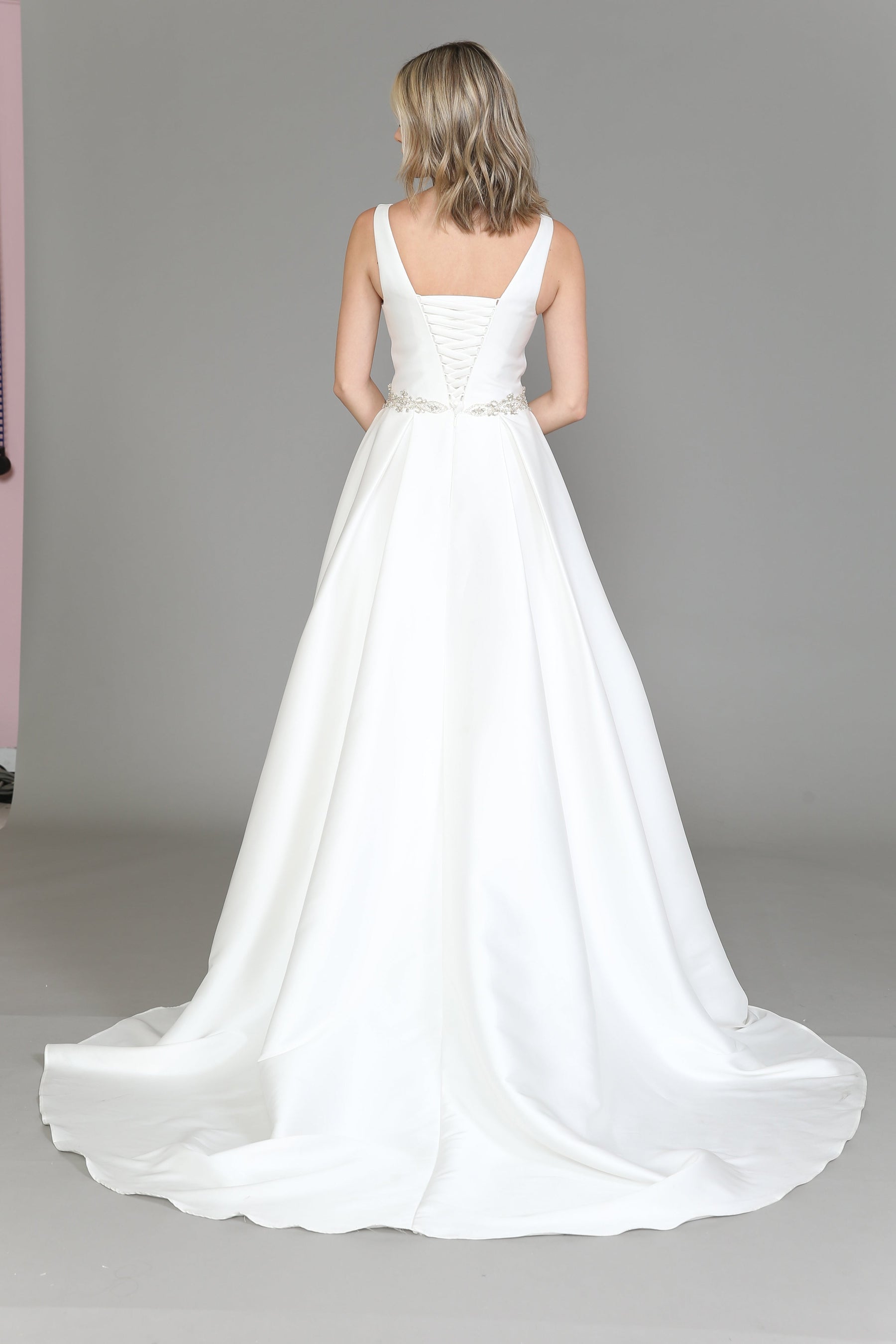 Off White V Neck Floor Length Satin Wedding Gown with Sweep Train Lace Up Back Dress Poly USA 8498