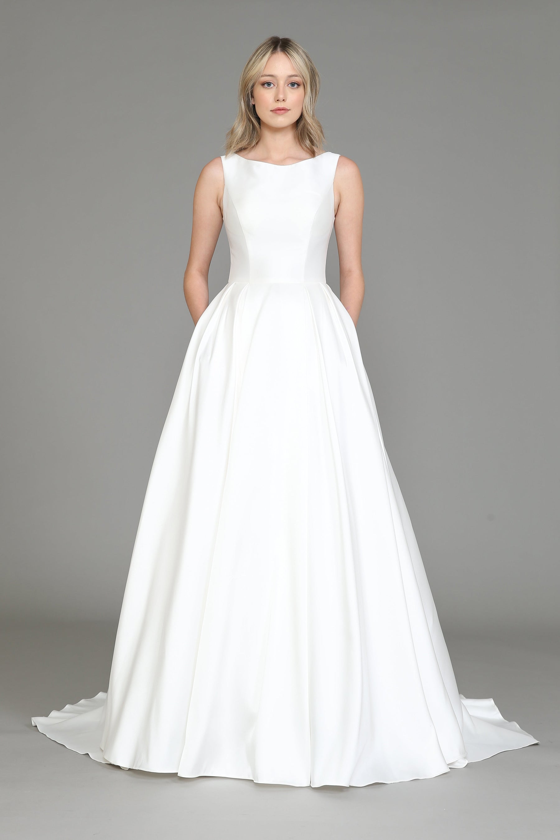 Off White Round Neck Floor Length Satin Wedding Gown with Floral Embroidery A-line Dress Poly USA 8534
