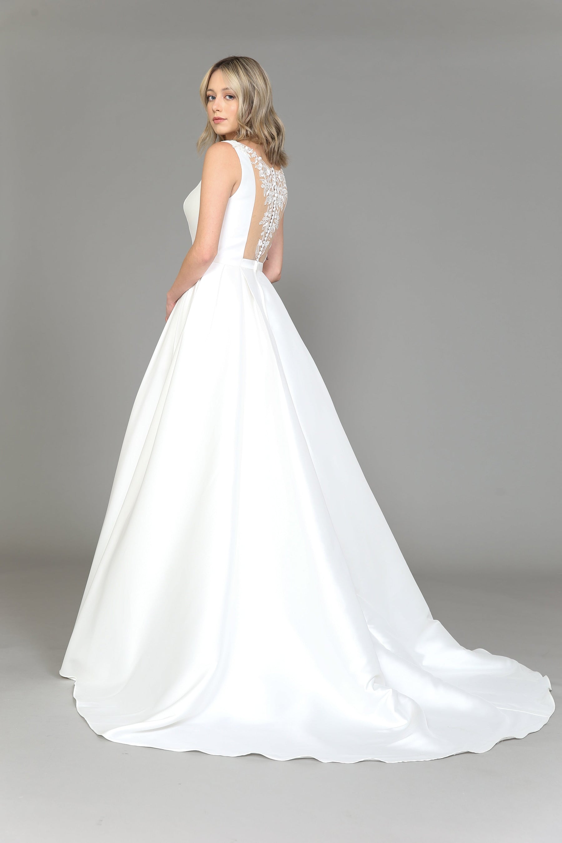 Off White Round Neck Floor Length Satin Wedding Gown with Floral Embroidery A-line Dress Poly USA 8534
