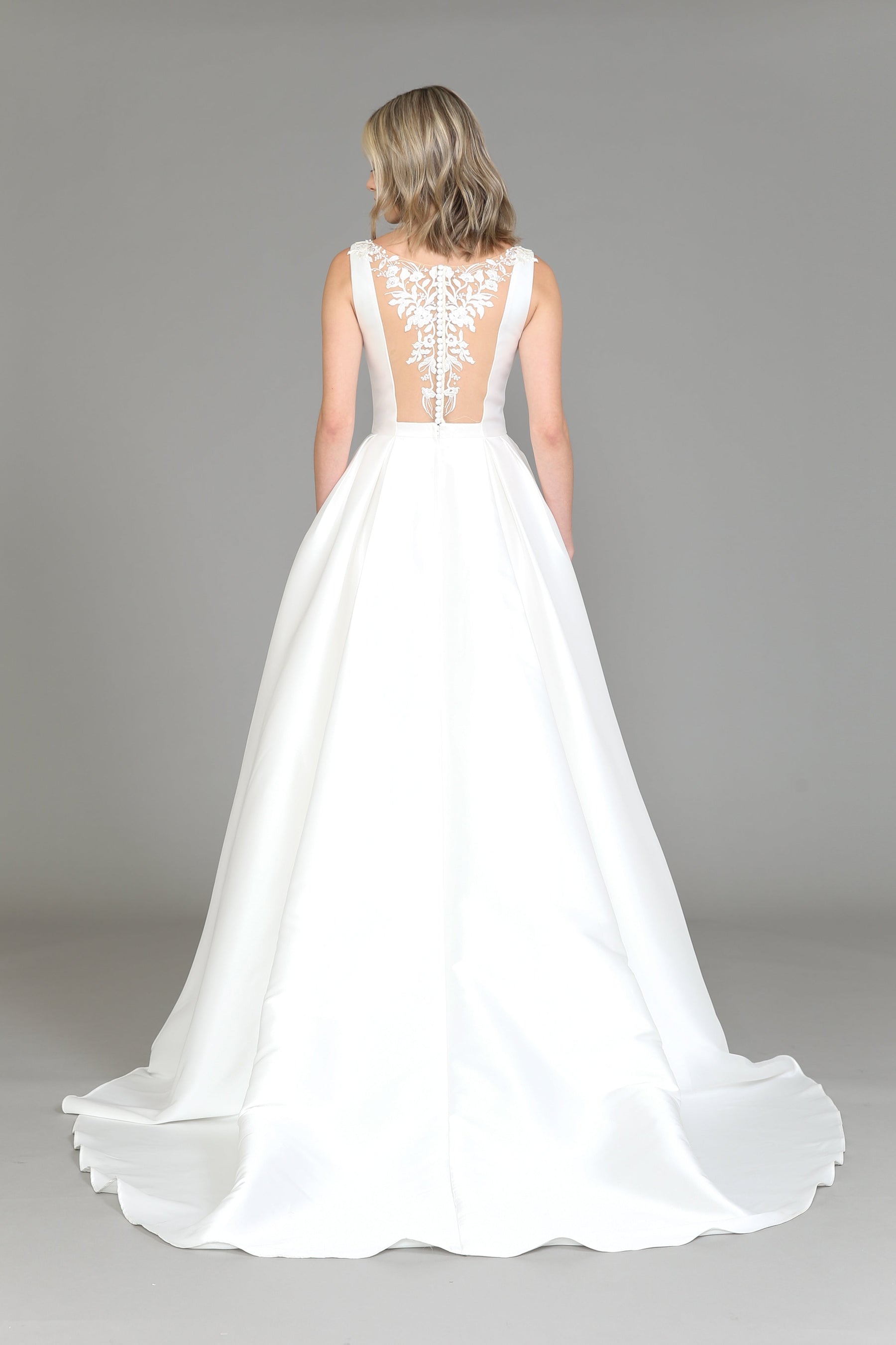 Off White Round Neck Floor Length Satin Wedding Gown with Floral Embroidery A-line Dress Poly USA 8534