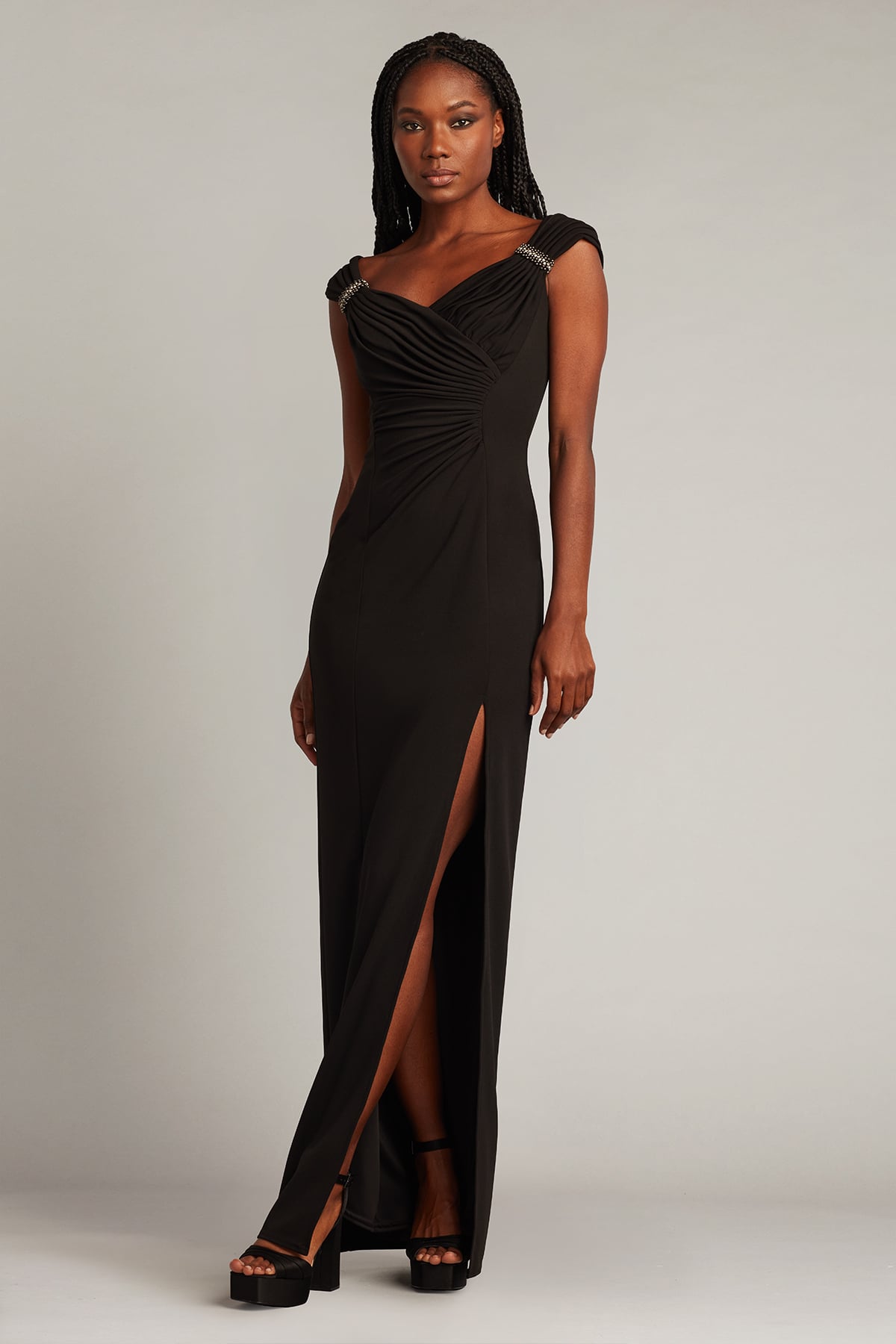 Black Off-the-Shoulder Floor-Length Jersey Prom Gown with Side Slit Tadashi Shoji SBOS23145L