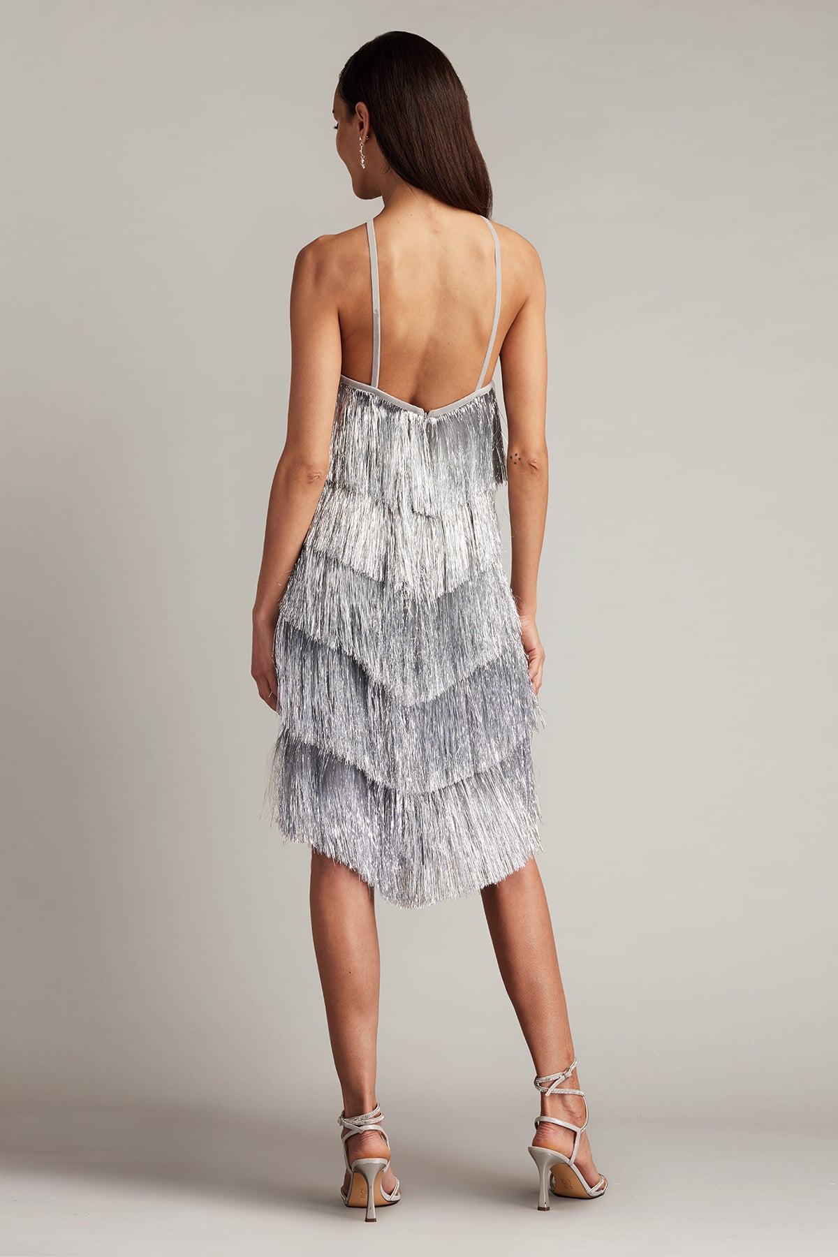 Platinum Halter-Neck Mini Fringe Cocktail Dress with Criss-Cross Straps Tadashi Shoji SCHC24634S