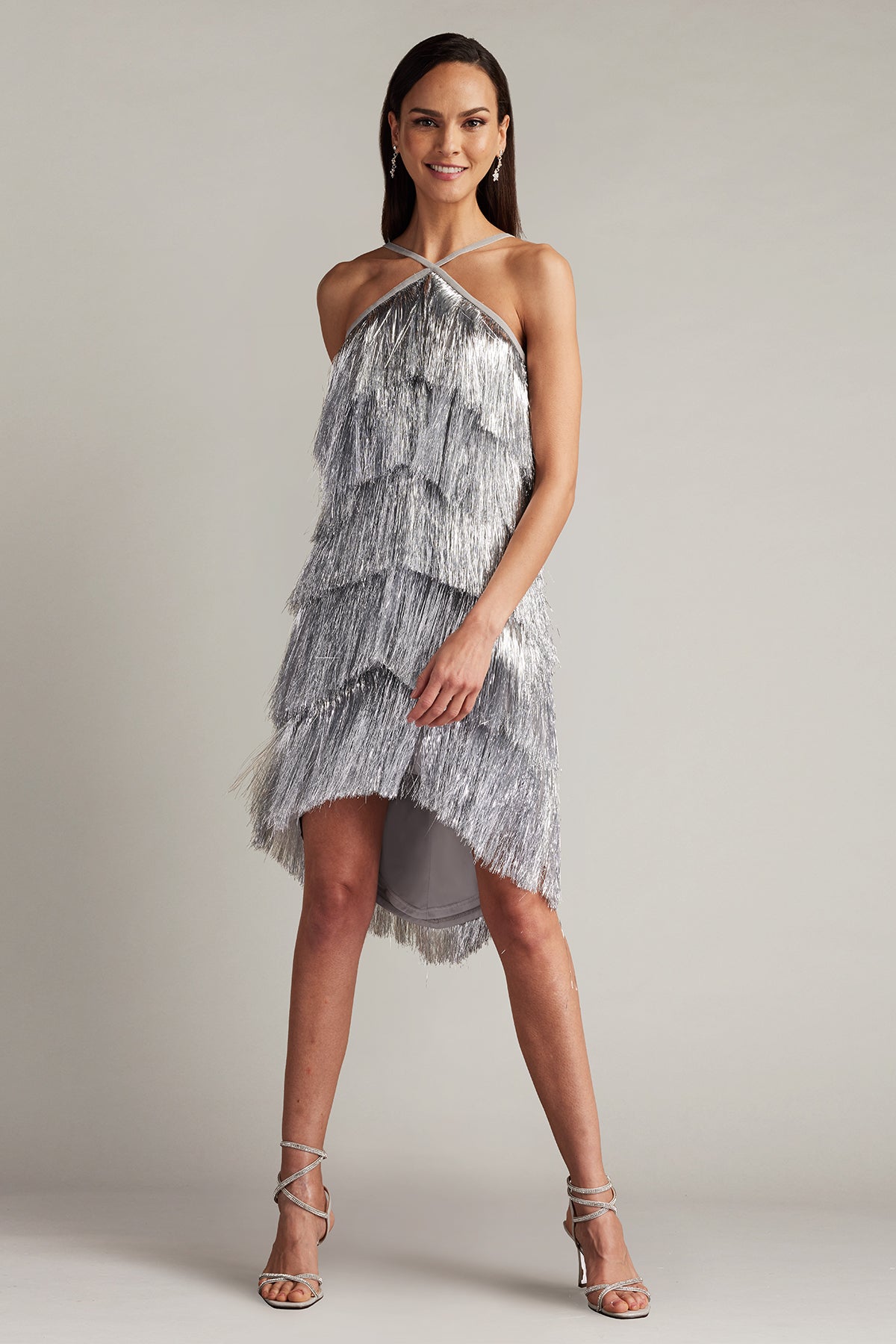 Platinum Halter-Neck Mini Fringe Cocktail Dress with Criss-Cross Straps Tadashi Shoji SCHC24634S