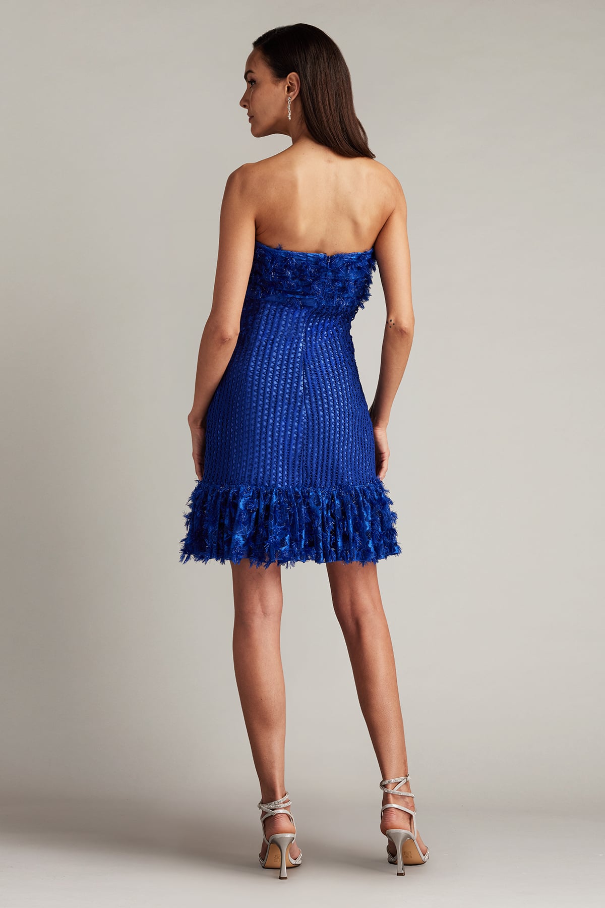 Neon Blue Strapless Floor-Length Floral Chiffon Cocktail Gown with Side Slit Tadashi Shoji SCHE24619S