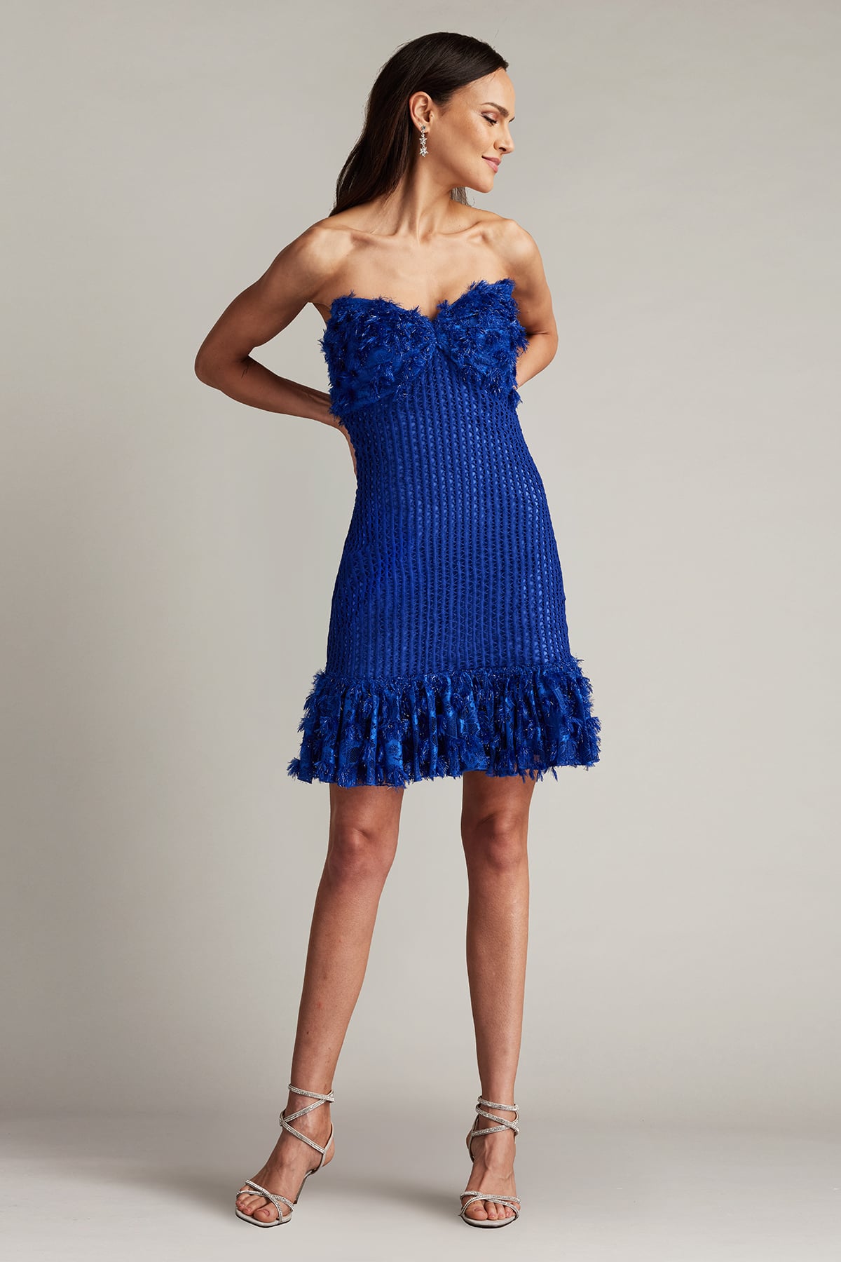Neon Blue Strapless Floor-Length Floral Chiffon Cocktail Gown with Side Slit Tadashi Shoji SCHE24619S