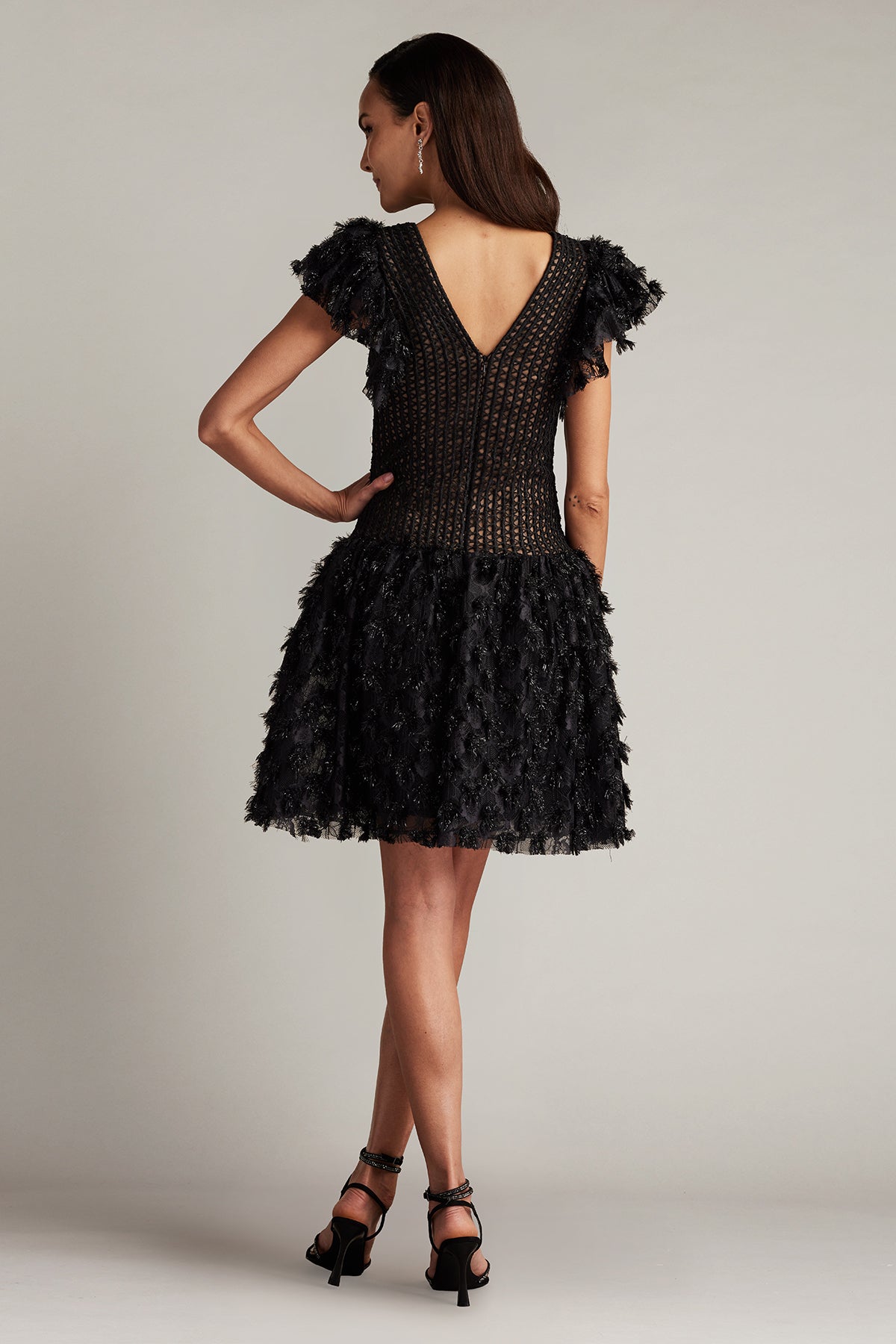 Black V-Neck Mini Mesh Cocktail Dress with Feathered Skirt Tadashi Shoji SCHE24623S