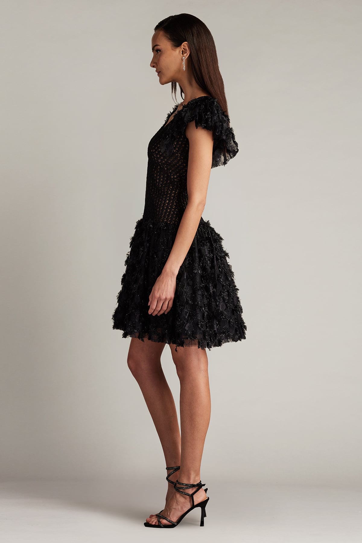 Black V-Neck Mini Mesh Cocktail Dress with Feathered Skirt Tadashi Shoji SCHE24623S