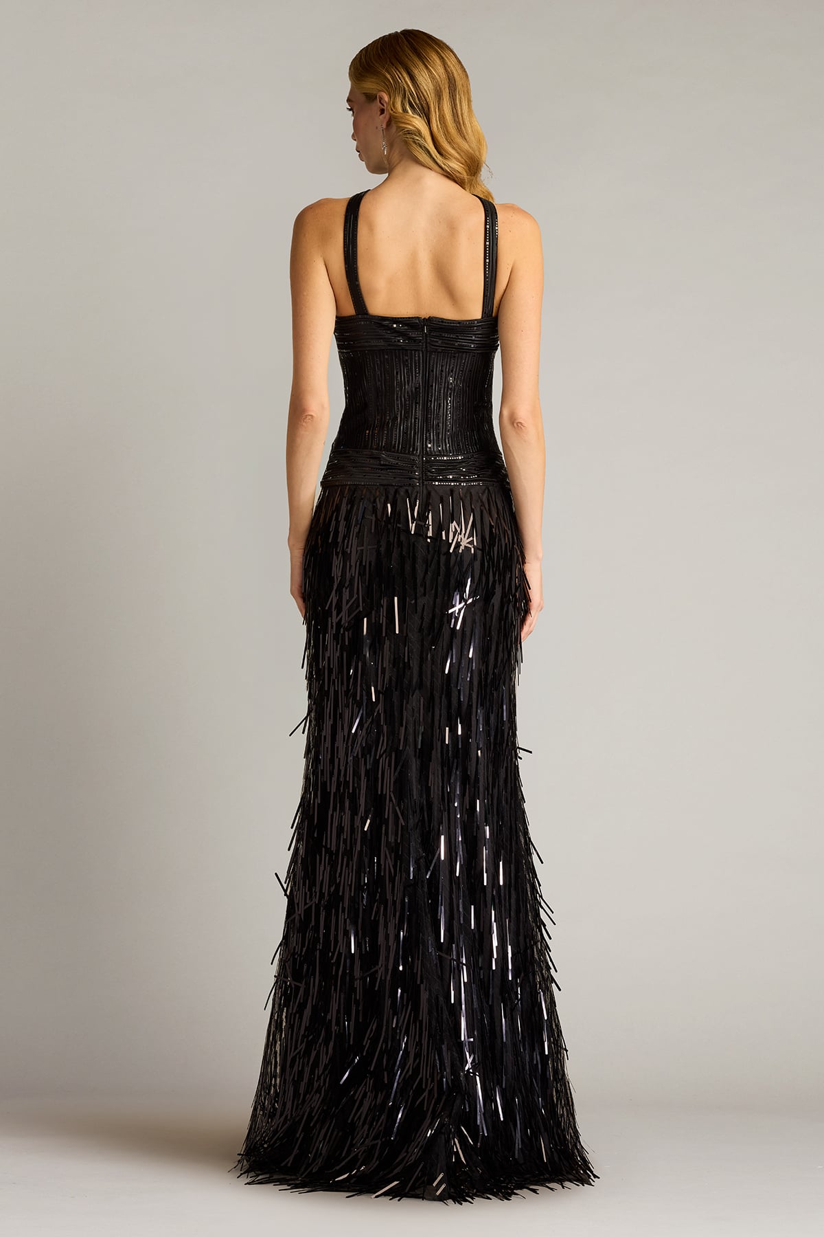 Black Criss-Cross Floor-Length Sequin Prom Gown with Fringe Tadashi Shoji SCHL25005L