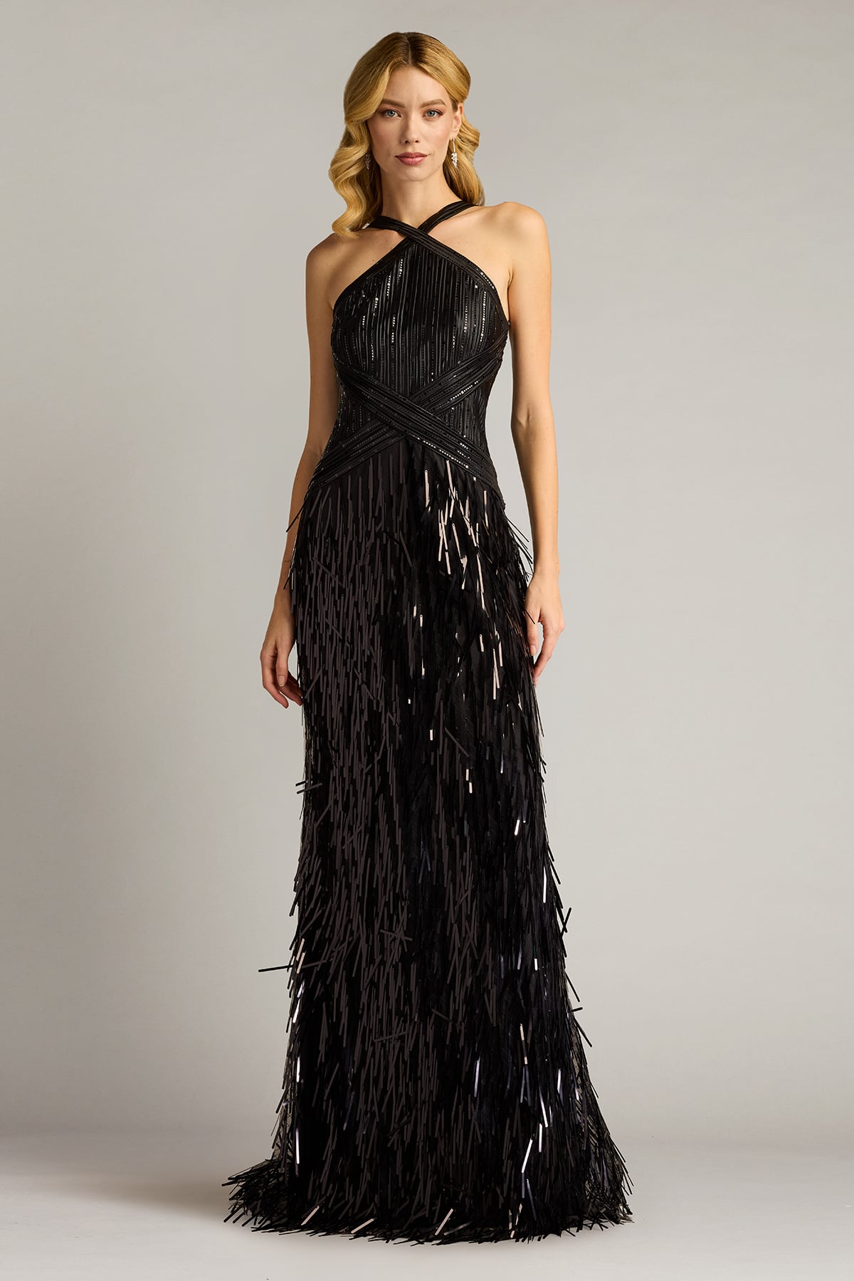 Black Criss-Cross Floor-Length Sequin Prom Gown with Fringe Tadashi Shoji SCHL25005L