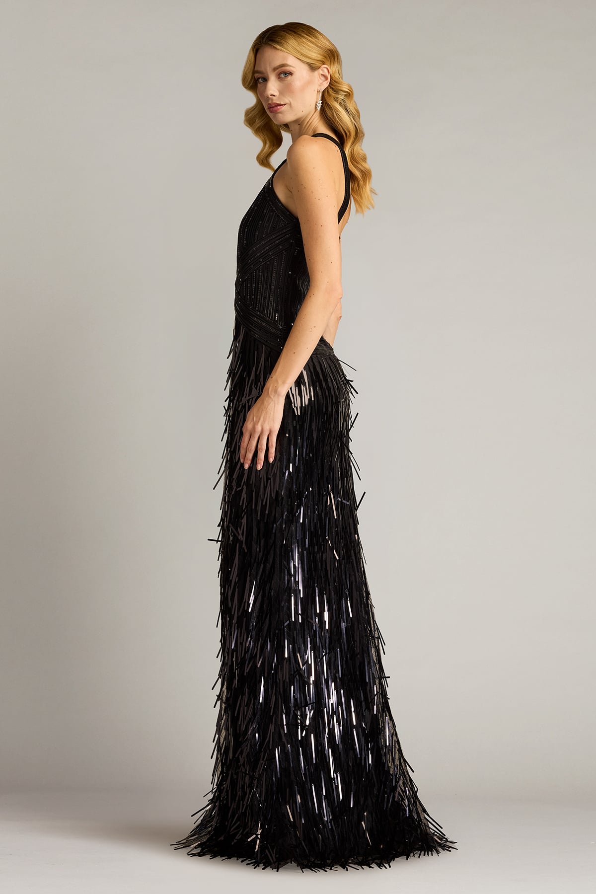 Black Criss-Cross Floor-Length Sequin Prom Gown with Fringe Tadashi Shoji SCHL25005L