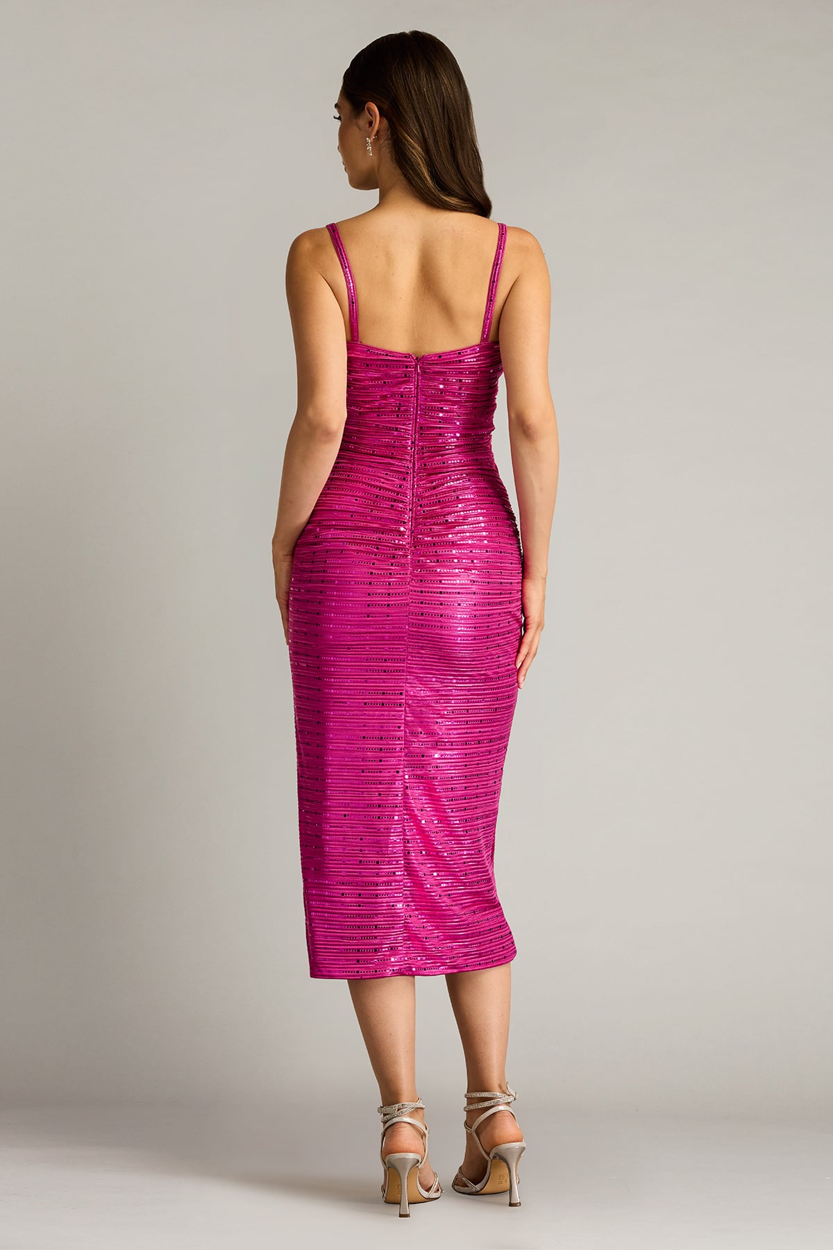 Wild Pink V-Neck Midi Sequin Cocktail Dress with Ruffle Front Tadashi Shoji SCHO25026MD