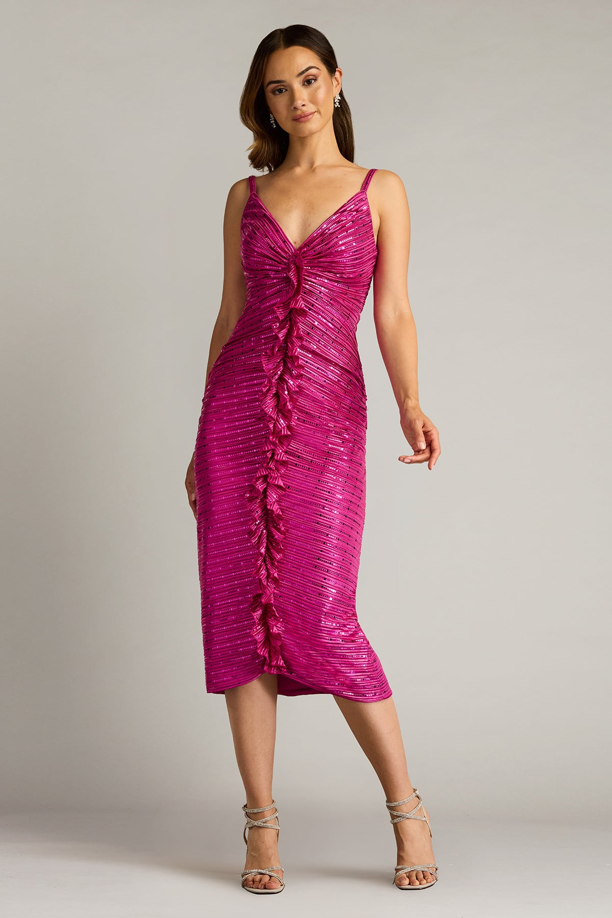 Wild Pink V-Neck Midi Sequin Cocktail Dress with Ruffle Front Tadashi Shoji SCHO25026MD
