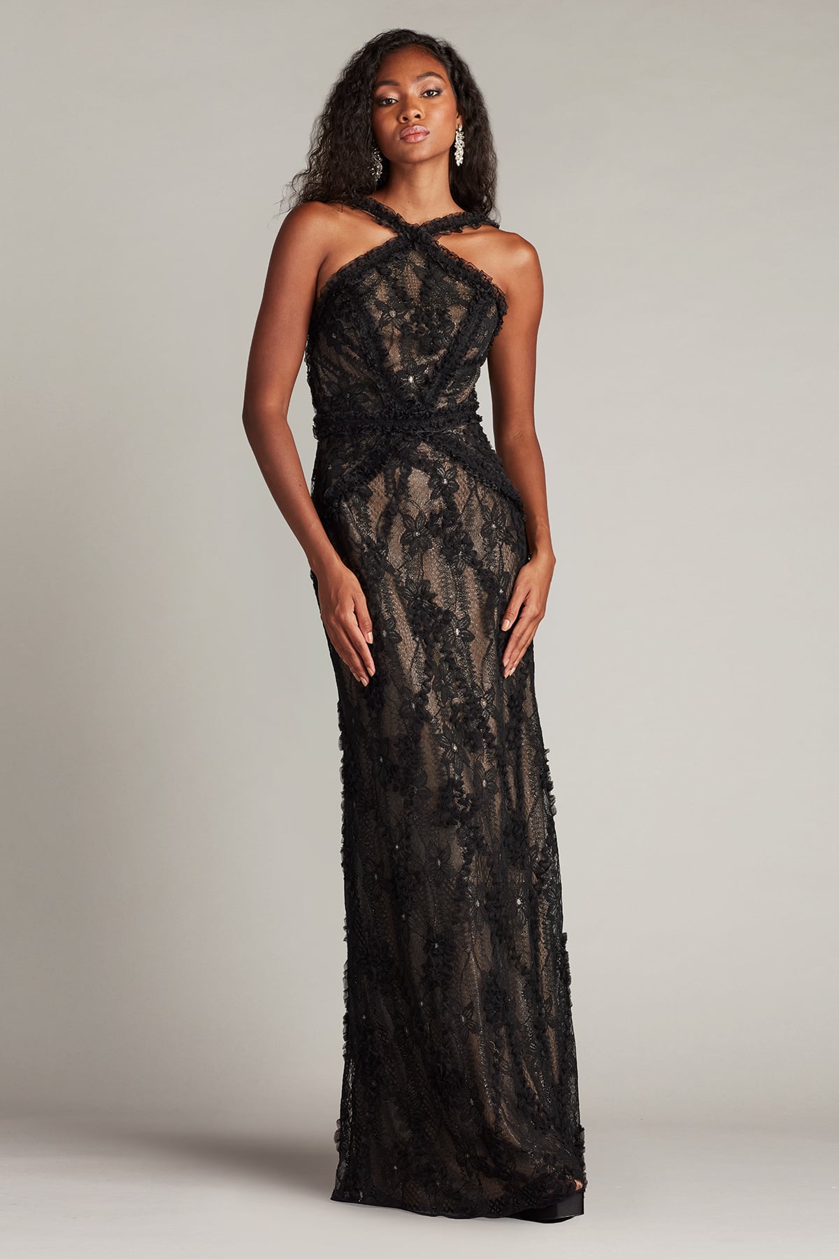 Black Halter Floor-Length Lace Prom Gown with Open Back Tadashi Shoji SCID25083L