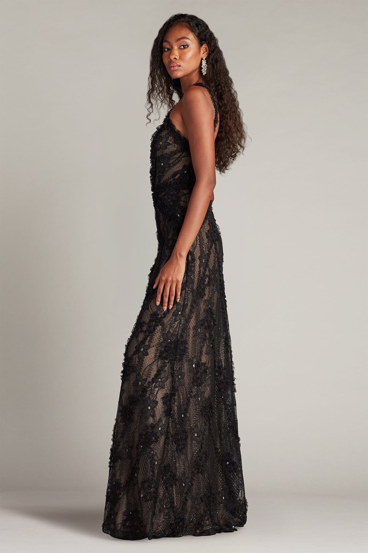 Black Halter Floor-Length Lace Prom Gown with Open Back Tadashi Shoji SCID25083L