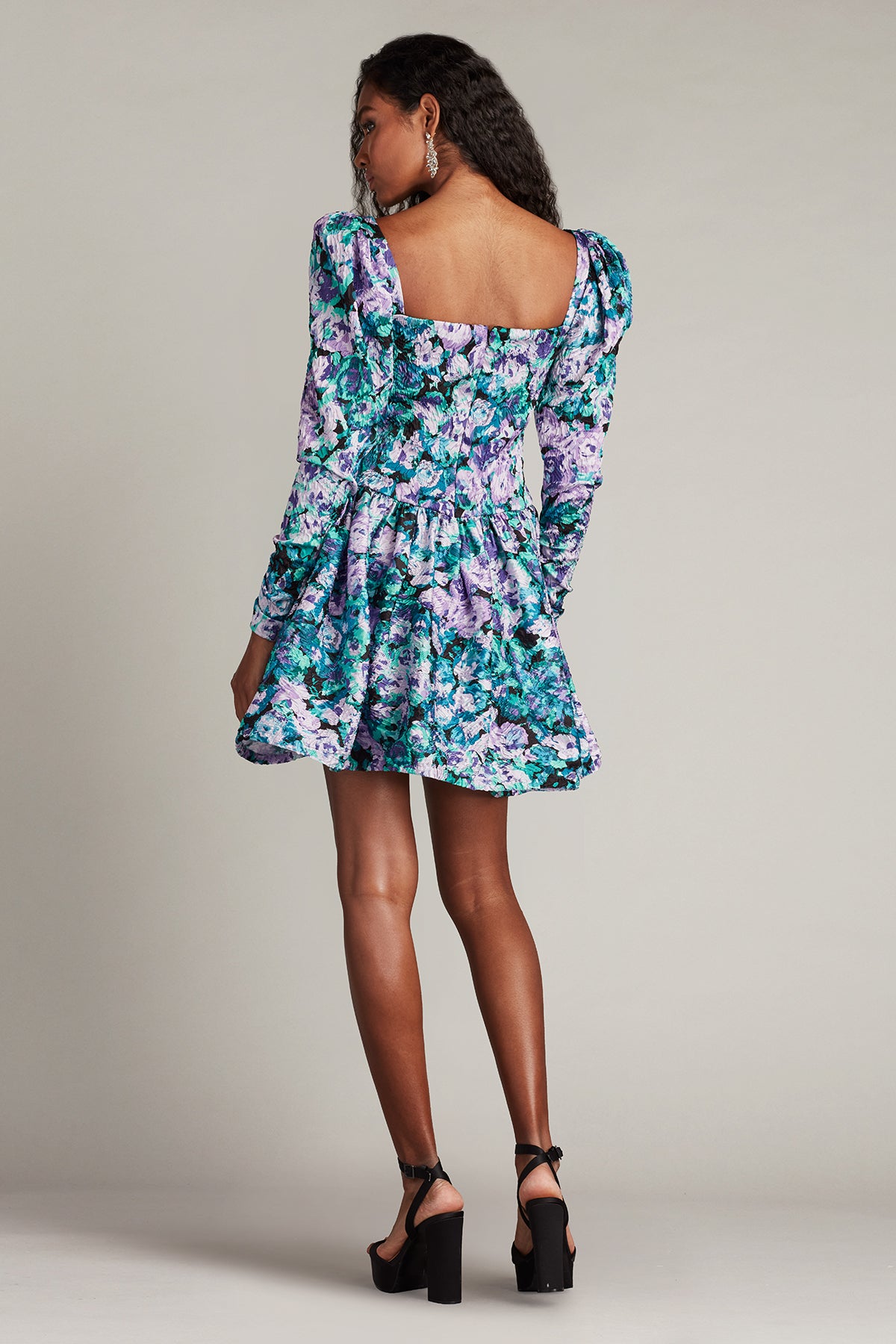 Lilac Floral Square Neck Mini Floral Jacquard Cocktail Dress with Puff Sleeves Tadashi Shoji SCIE25064S
