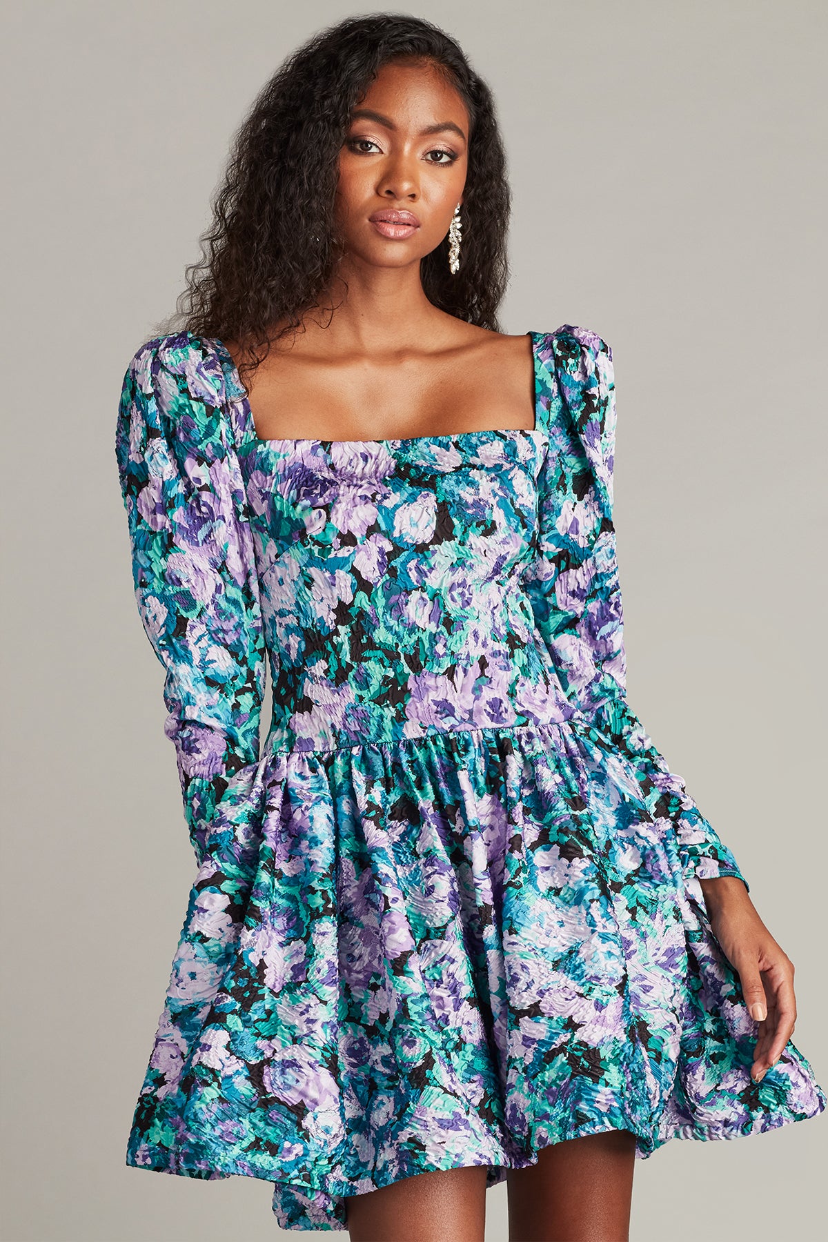 Lilac Floral Square Neck Mini Floral Jacquard Cocktail Dress with Puff Sleeves Tadashi Shoji SCIE25064S