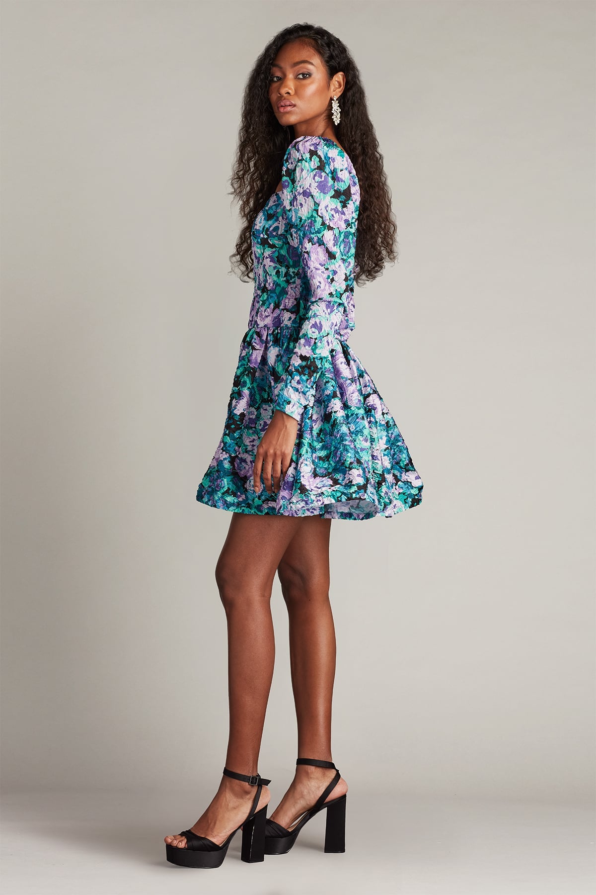 Lilac Floral Square Neck Mini Floral Jacquard Cocktail Dress with Puff Sleeves Tadashi Shoji SCIE25064S
