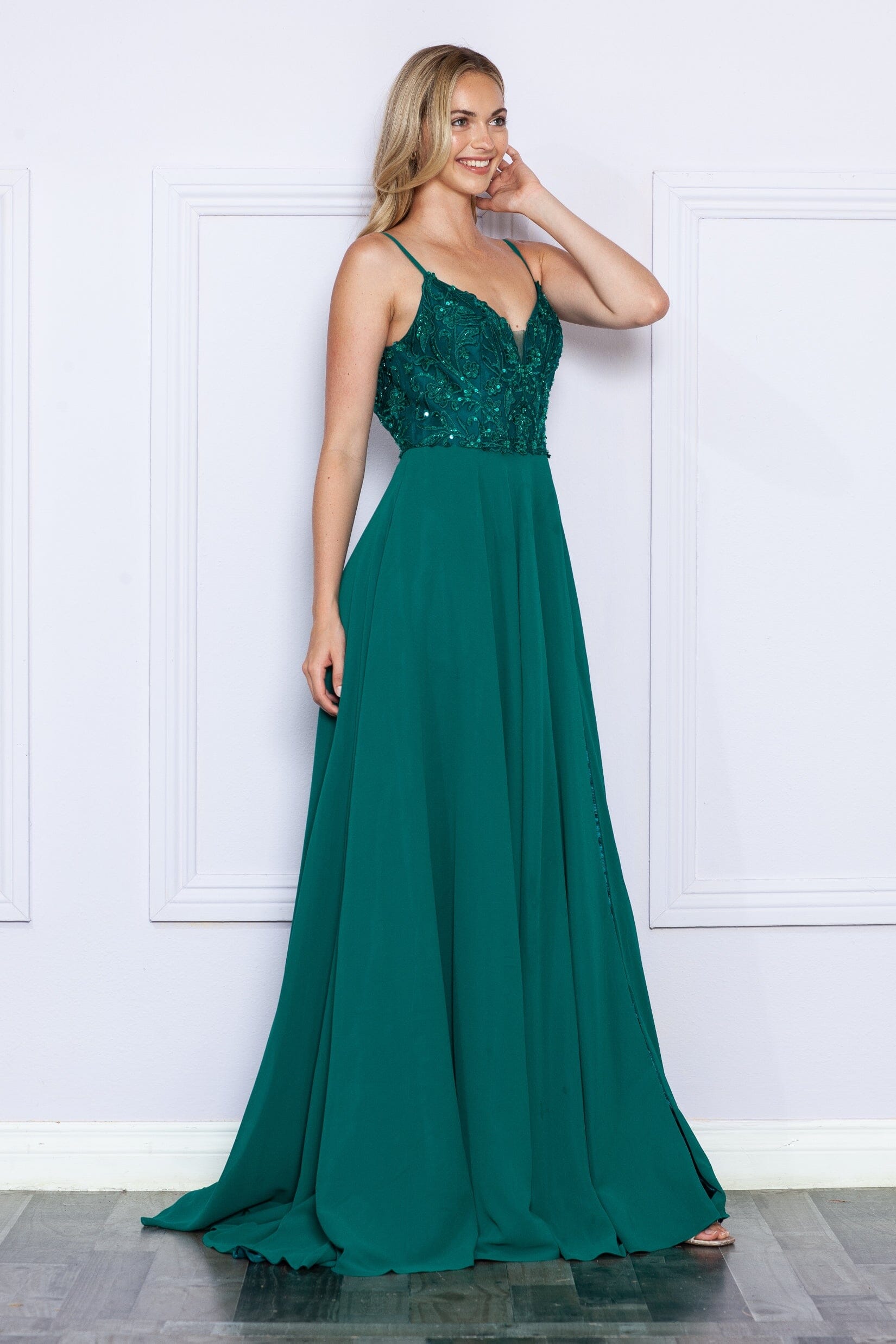 Emerald V Neck Floor Length Glitter Chiffon Prom Dress with Sweep Train Formal Gown Poly USA 9368