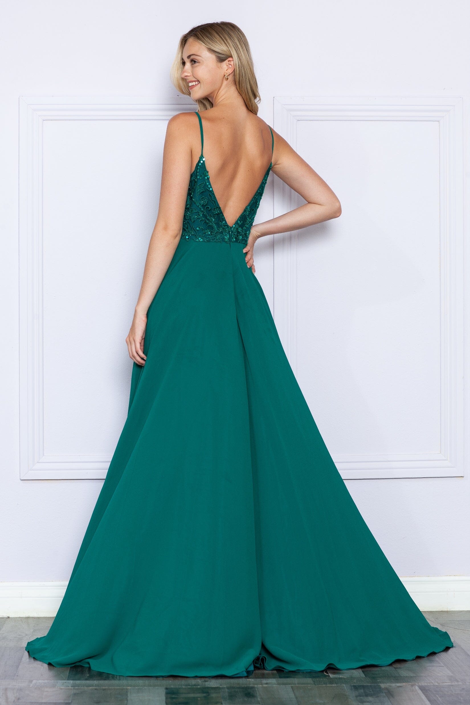 Emerald V Neck Floor Length Glitter Chiffon Prom Dress with Sweep Train Formal Gown Poly USA 9368