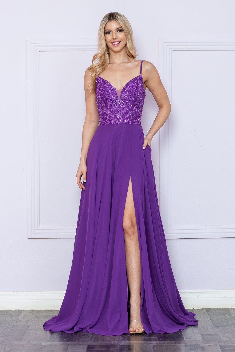 Purple V Neck Floor Length Glitter Chiffon Prom Dress with Sweep Train Formal Gown Poly USA 9368