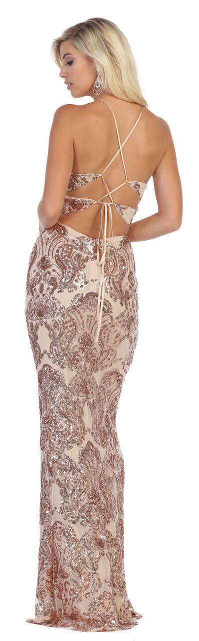 Sequin Long Beaded Open Back Prom Dress - The Dress Outlet May Queen