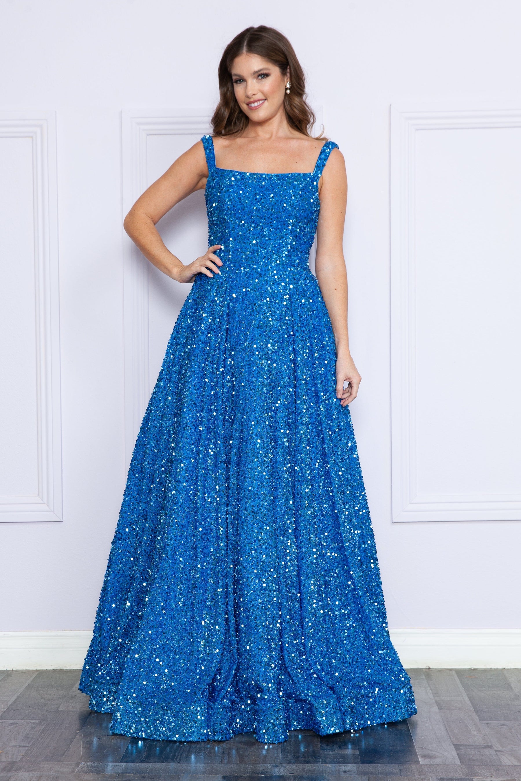 Blue Square Neck Floor-Length Sequin Prom Gown with A-Line Skirt Poly USA 9106