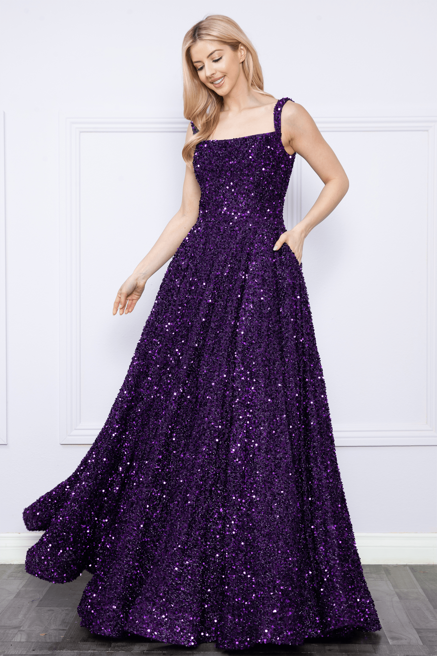 Purple Square Neck Floor-Length Sequin Prom Gown with A-Line Skirt Poly USA 9106