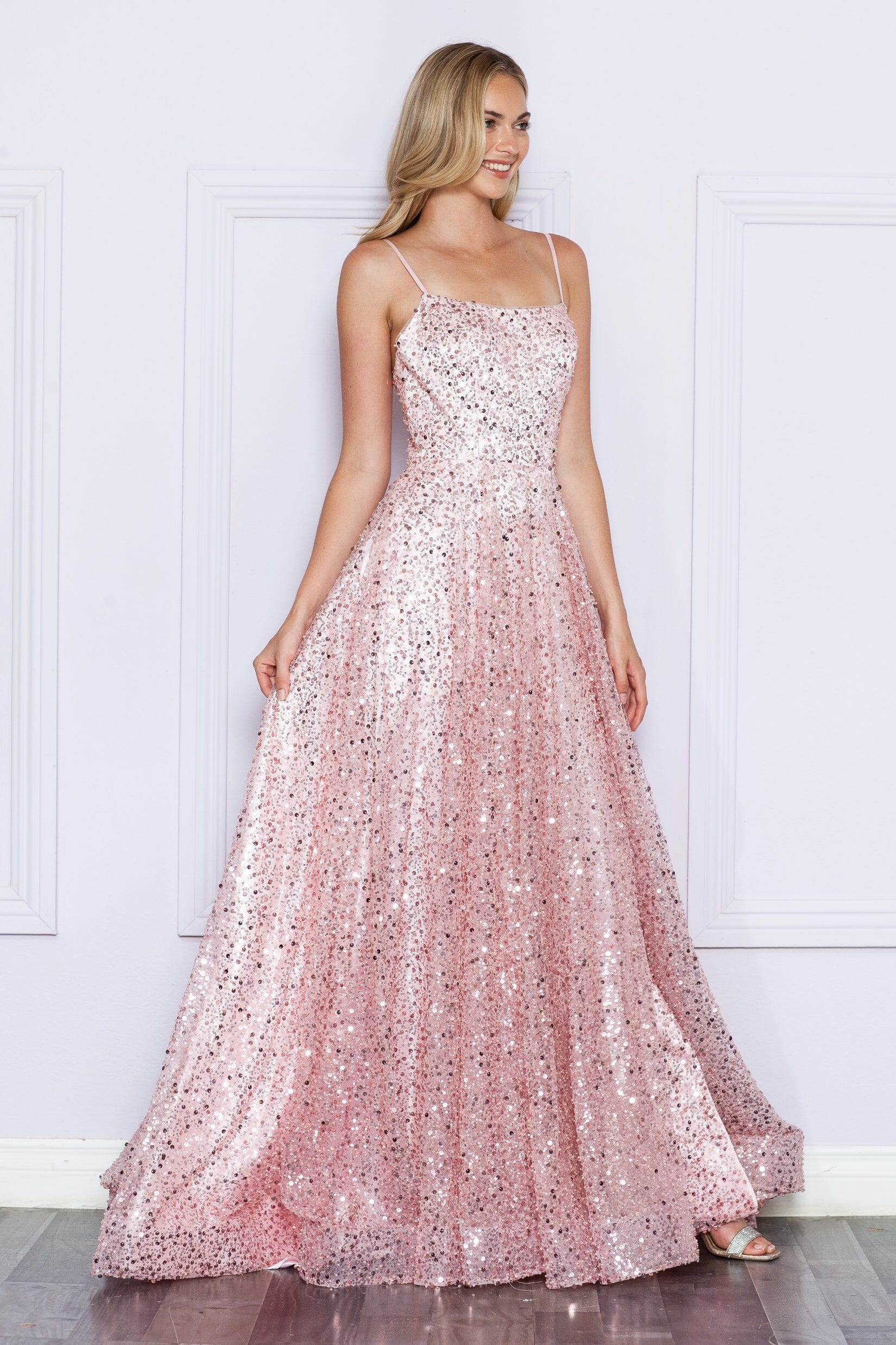 Blush Square-Neck Floor-Length Sequin Prom Dress with Side Slit and Lace-Up Back Poly USA 9290