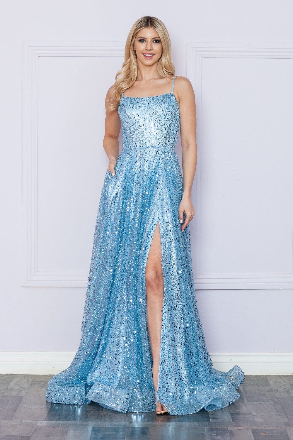 Blue Square-Neck Floor-Length Sequin Prom Dress with Side Slit and Lace-Up Back Poly USA 9290