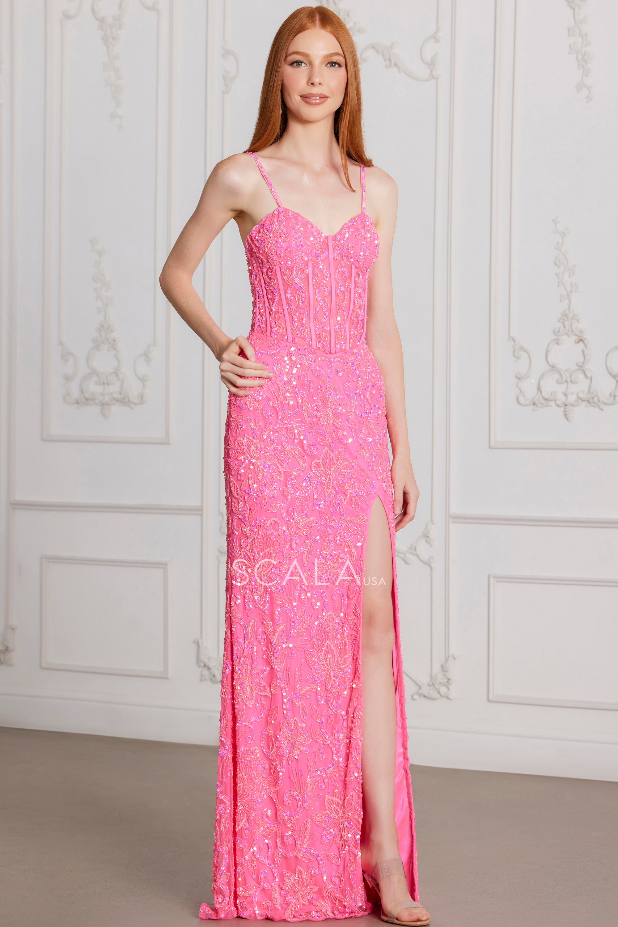 Prom Dresses Prom Beaded Sequin Long Formal Corset Dress Shiny Fuchsia