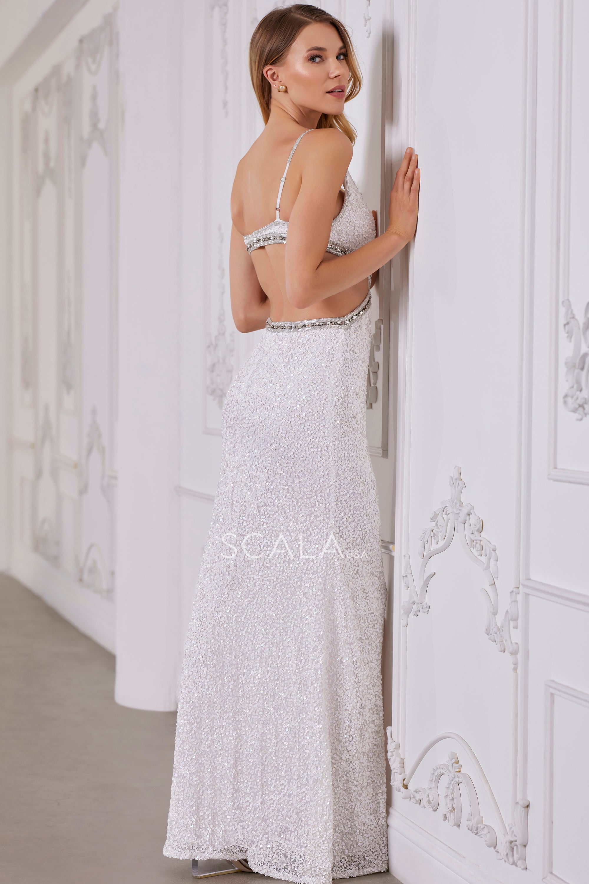 Prom Dresses Beaded Long Formal Fitted Sequined Prom Dress Ivory Silver